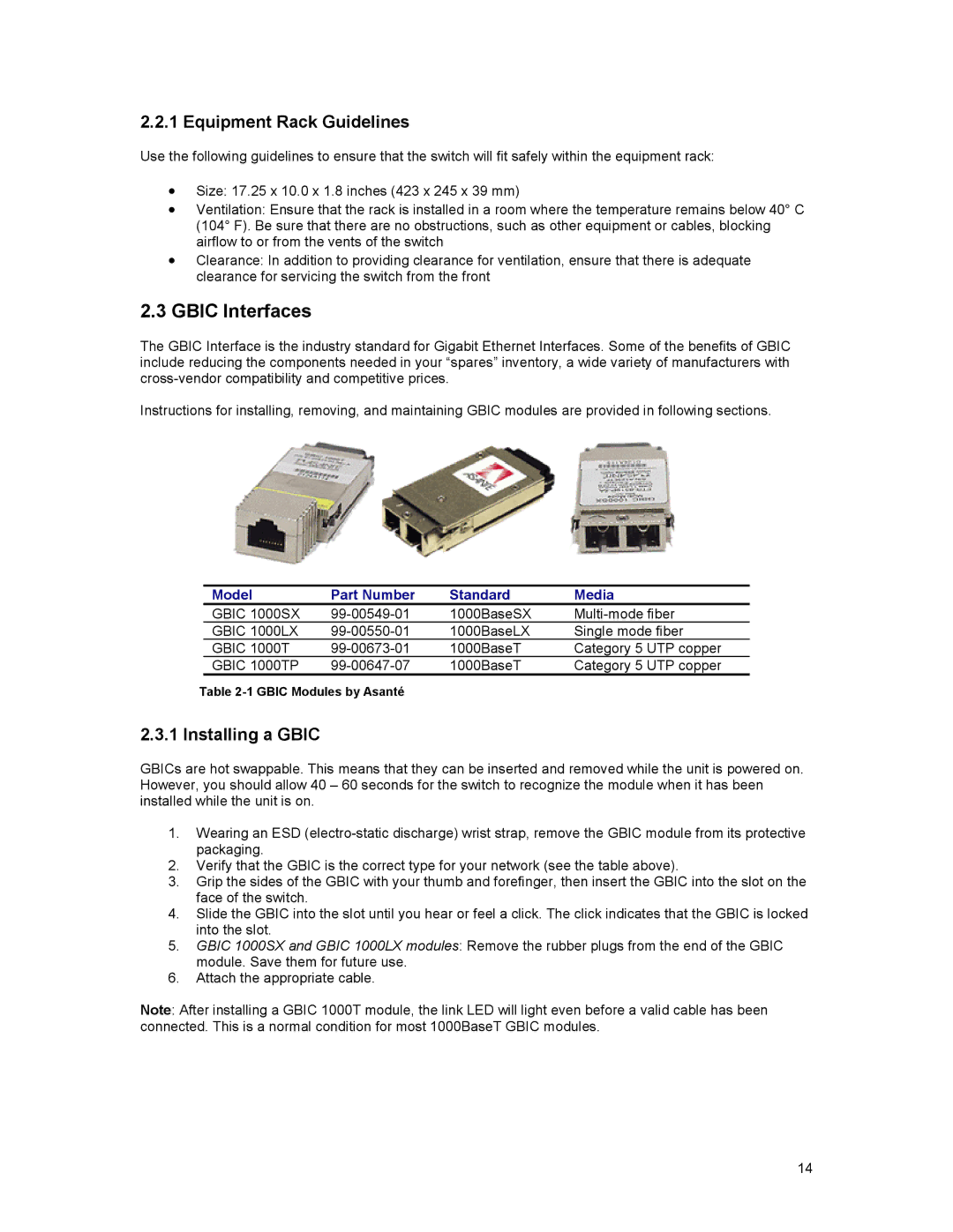 Asante Technologies 3500 Series user manual Gbic Interfaces, Equipment Rack Guidelines, Installing a Gbic 