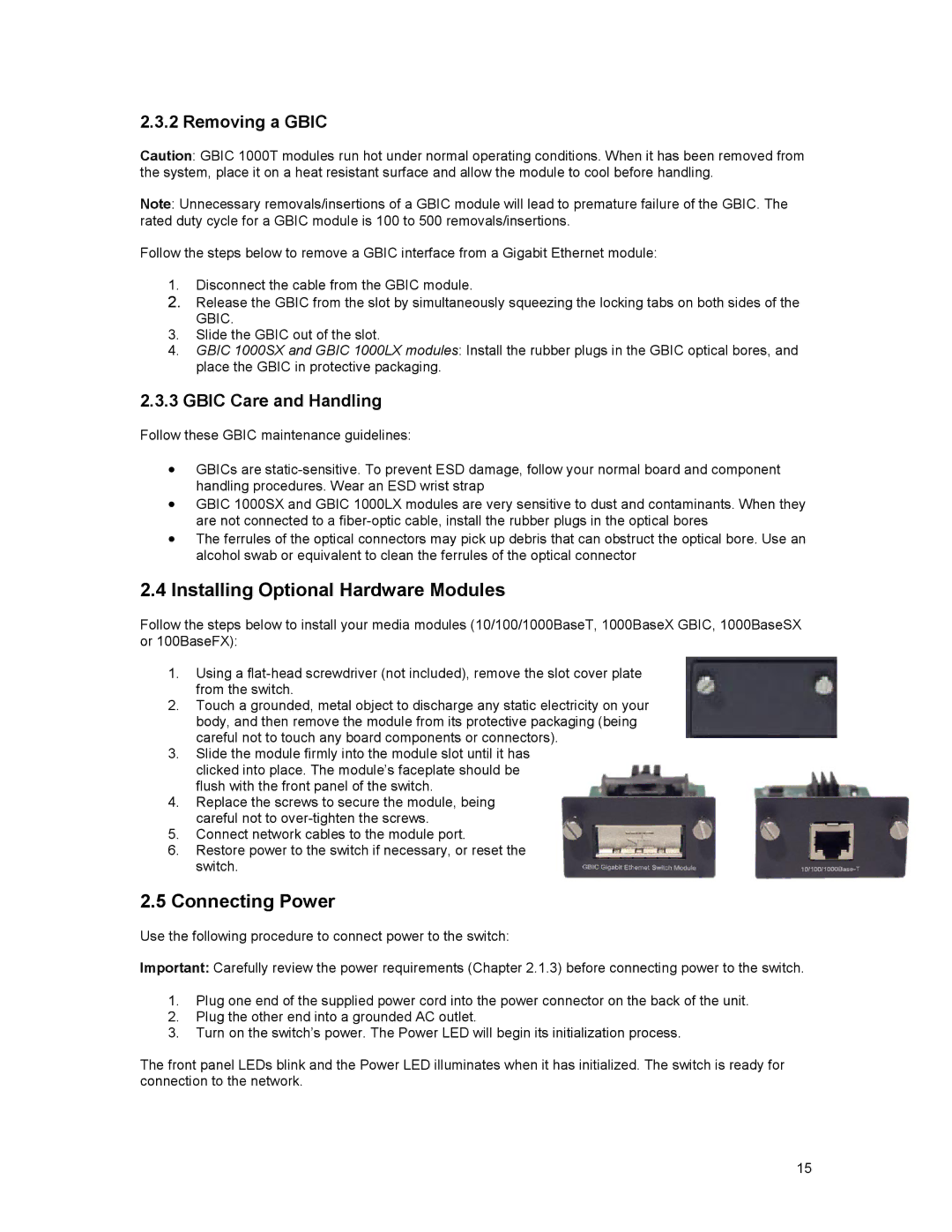 Asante Technologies 3500 Series user manual Installing Optional Hardware Modules, Connecting Power, Removing a Gbic 