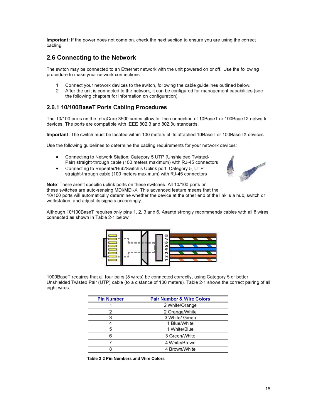 Asante Technologies 3500 Series user manual Connecting to the Network, 1 10/100BaseT Ports Cabling Procedures 