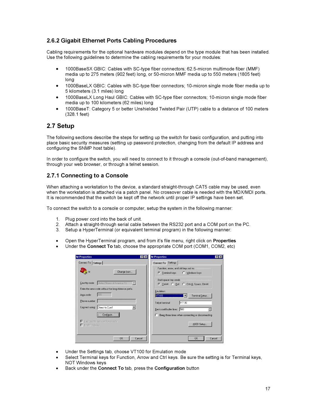 Asante Technologies 3500 Series user manual Setup, Gigabit Ethernet Ports Cabling Procedures, Connecting to a Console 