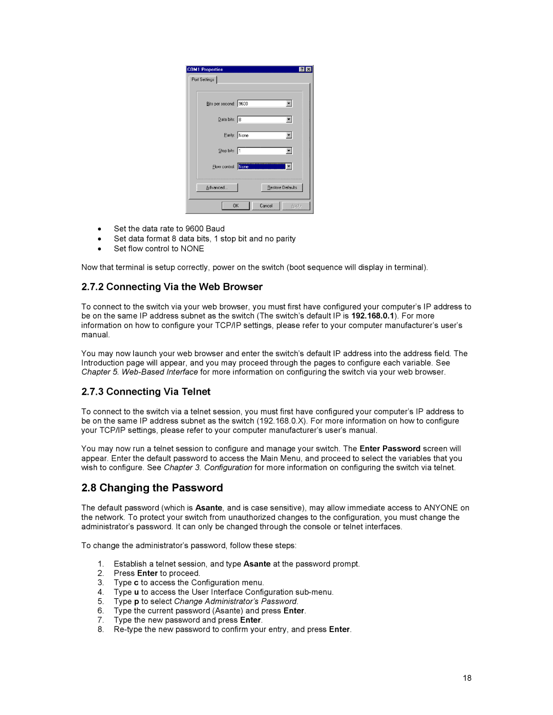 Asante Technologies 3500 Series user manual Changing the Password, Connecting Via the Web Browser, Connecting Via Telnet 