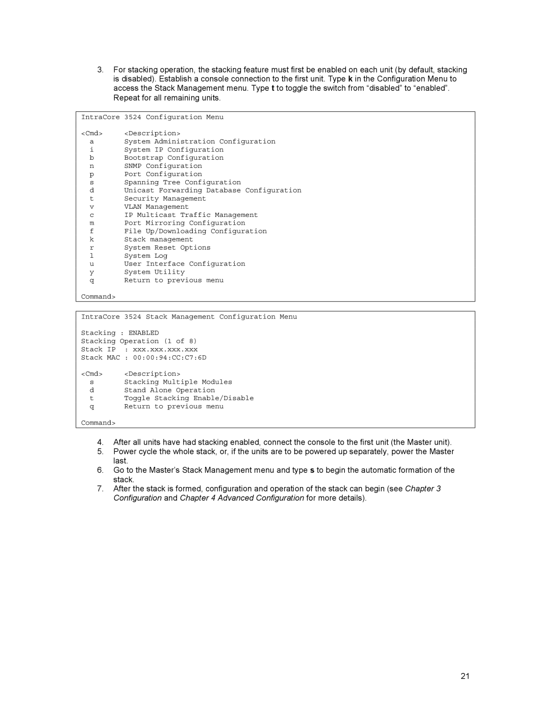 Asante Technologies 3500 Series user manual Toggle Stacking Enable/Disable 