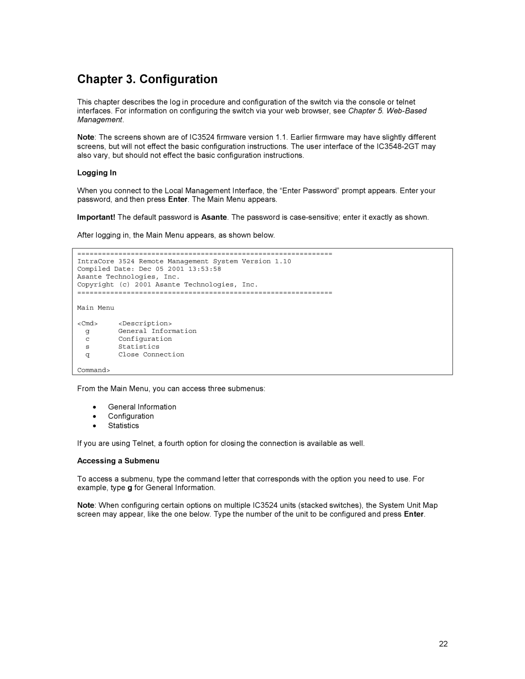 Asante Technologies 3500 Series user manual Configuration, Logging, Accessing a Submenu 