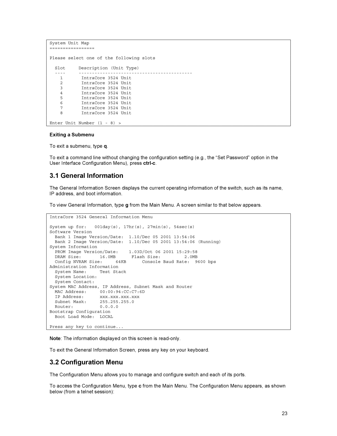 Asante Technologies 3500 Series user manual General Information, Configuration Menu, Exiting a Submenu 