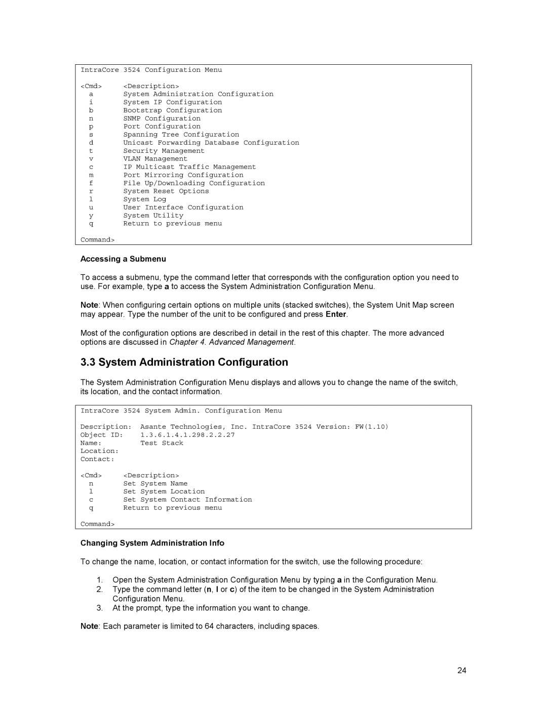 Asante Technologies 3500 Series user manual System Administration Configuration, Changing System Administration Info 