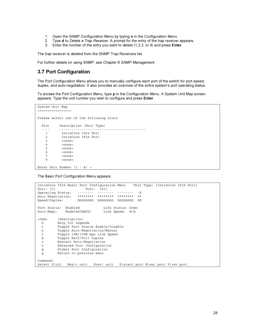 Asante Technologies 3500 Series user manual Basic Port Configuration Menu appears 