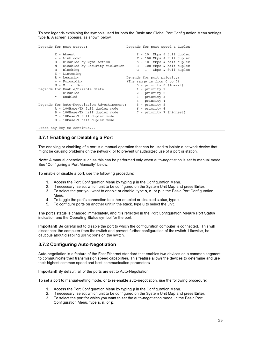 Asante Technologies 3500 Series user manual Enabling or Disabling a Port, Configuring Auto-Negotiation 