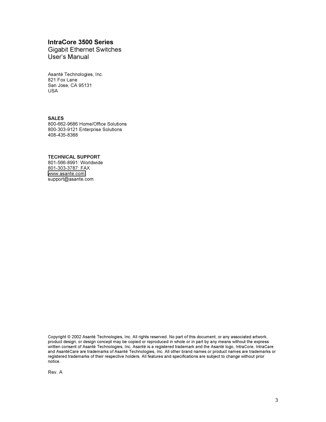 Asante Technologies user manual IntraCore 3500 Series, Gigabit Ethernet Switches User’s Manual 