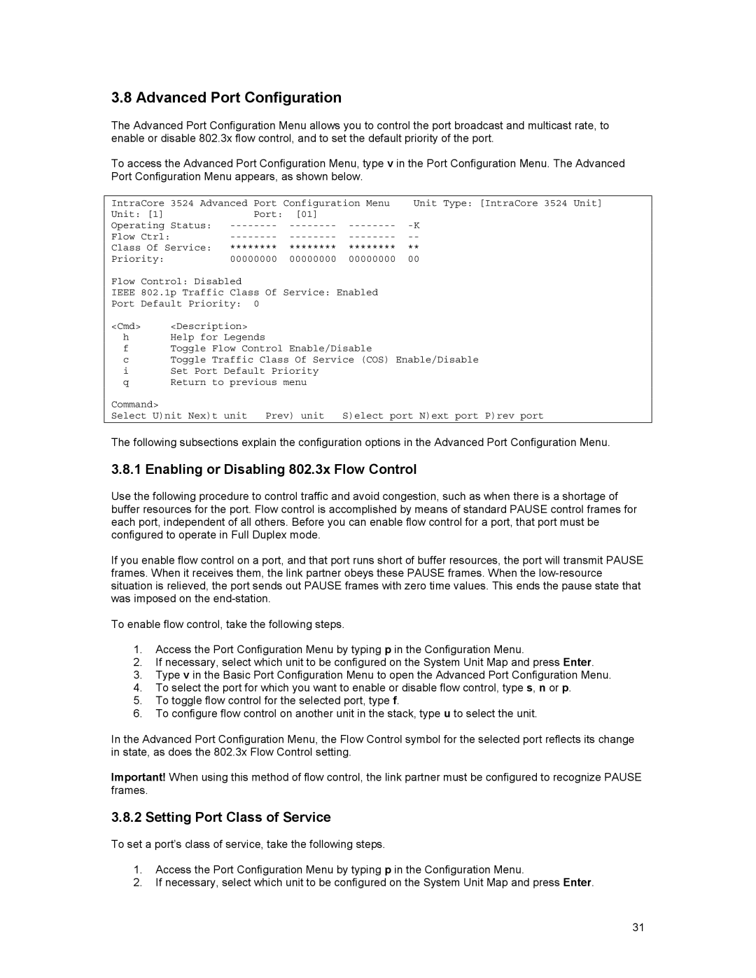 Asante Technologies 3500 Series user manual Advanced Port Configuration, Enabling or Disabling 802.3x Flow Control 