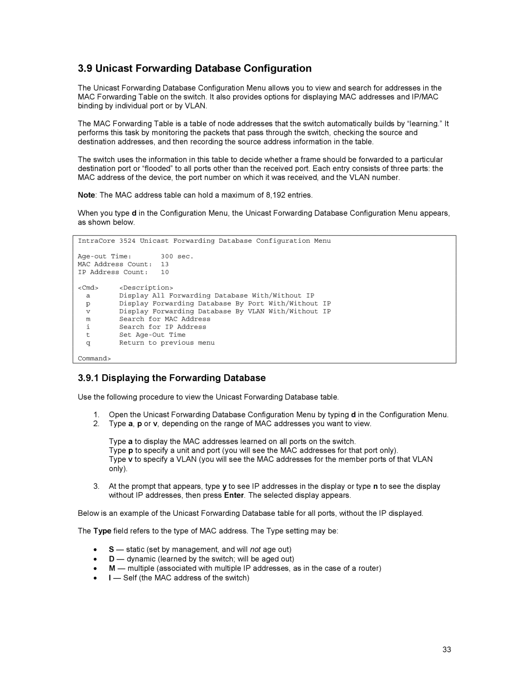 Asante Technologies 3500 Series user manual Unicast Forwarding Database Configuration, Displaying the Forwarding Database 