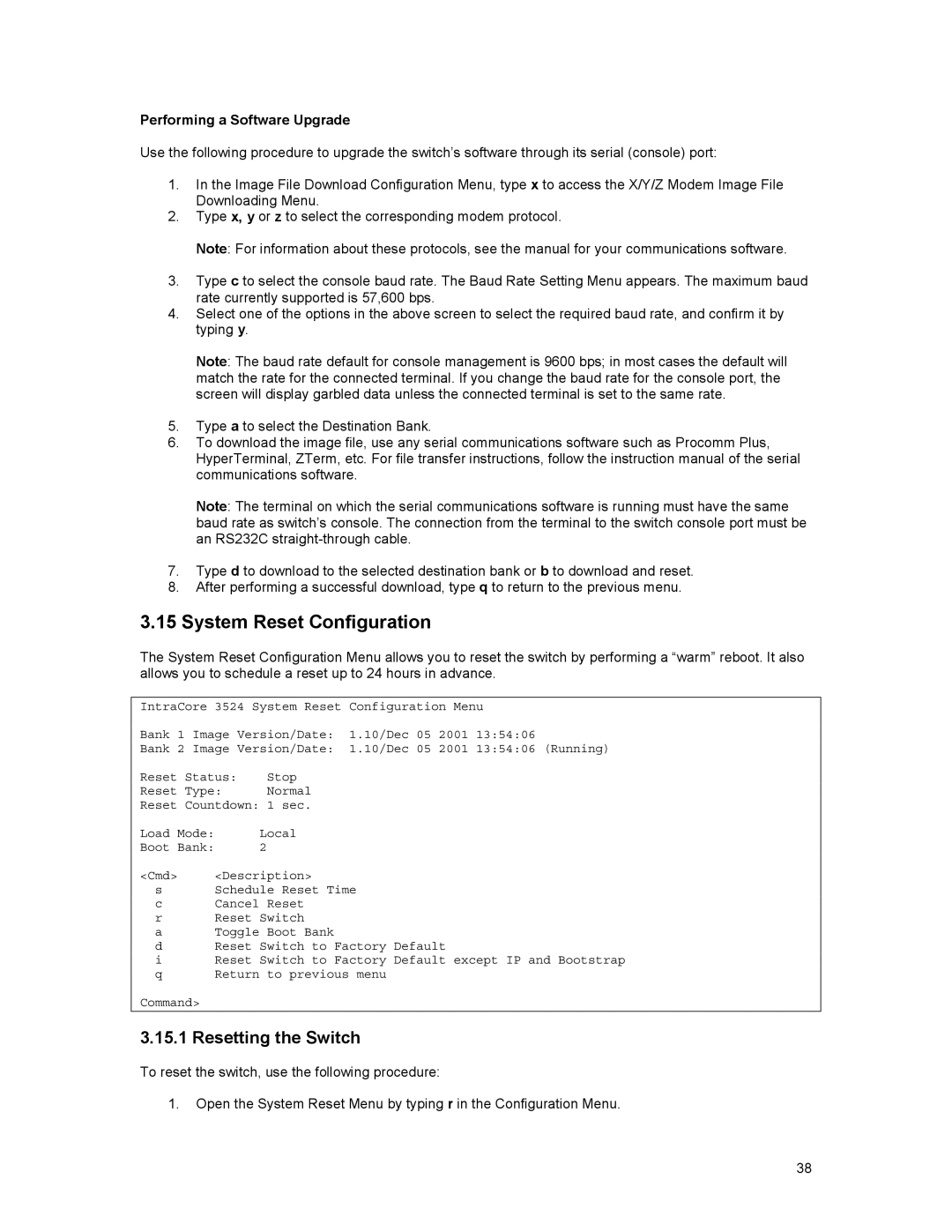 Asante Technologies 3500 Series user manual System Reset Configuration, Resetting the Switch, Performing a Software Upgrade 