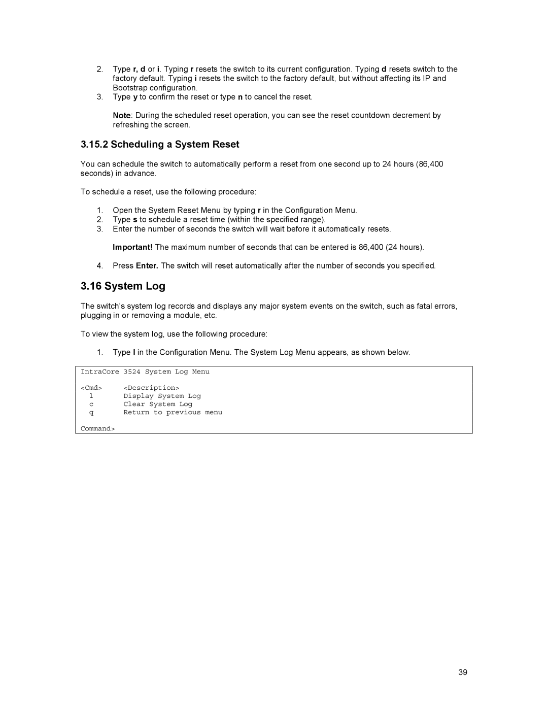 Asante Technologies 3500 Series user manual System Log, Scheduling a System Reset 