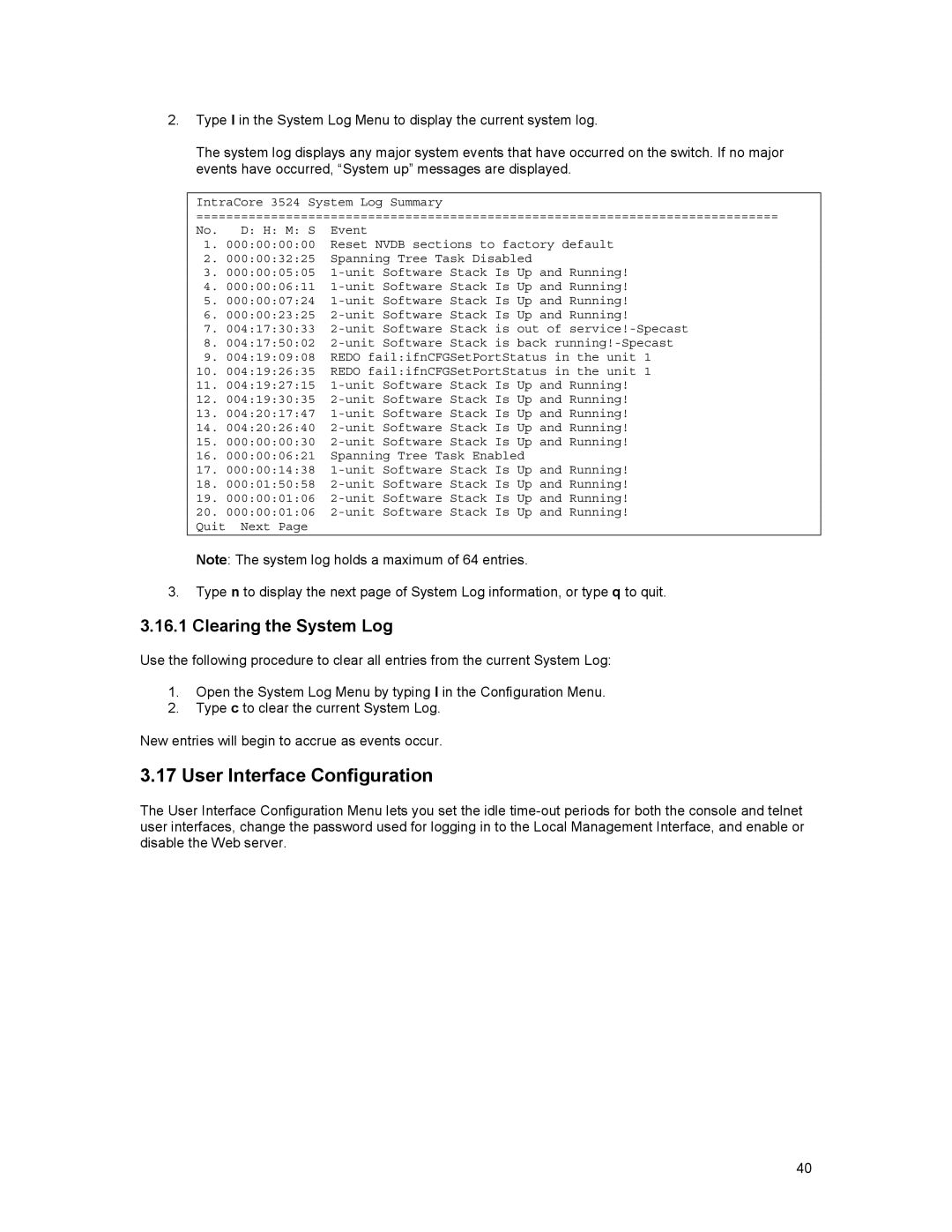 Asante Technologies 3500 Series user manual User Interface Configuration, Clearing the System Log 