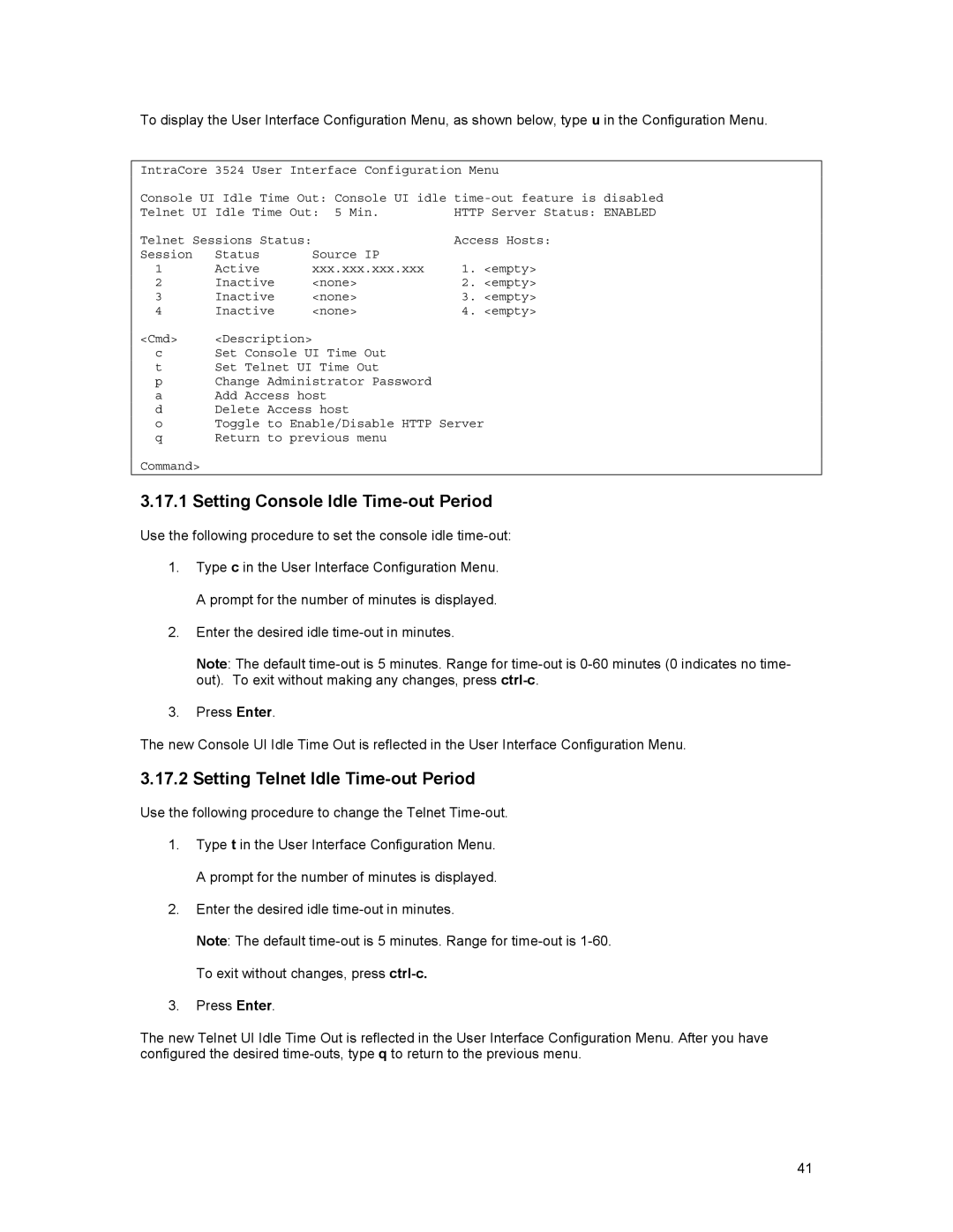 Asante Technologies 3500 Series user manual Setting Console Idle Time-out Period, Setting Telnet Idle Time-out Period 