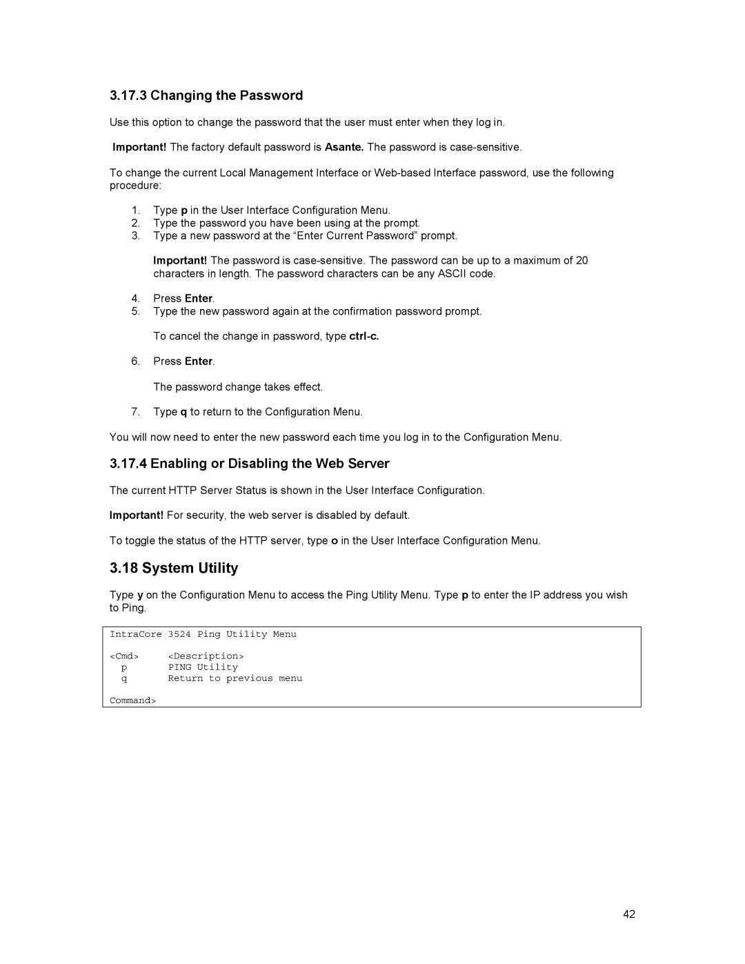 Asante Technologies 3500 Series user manual System Utility, Changing the Password, Enabling or Disabling the Web Server 