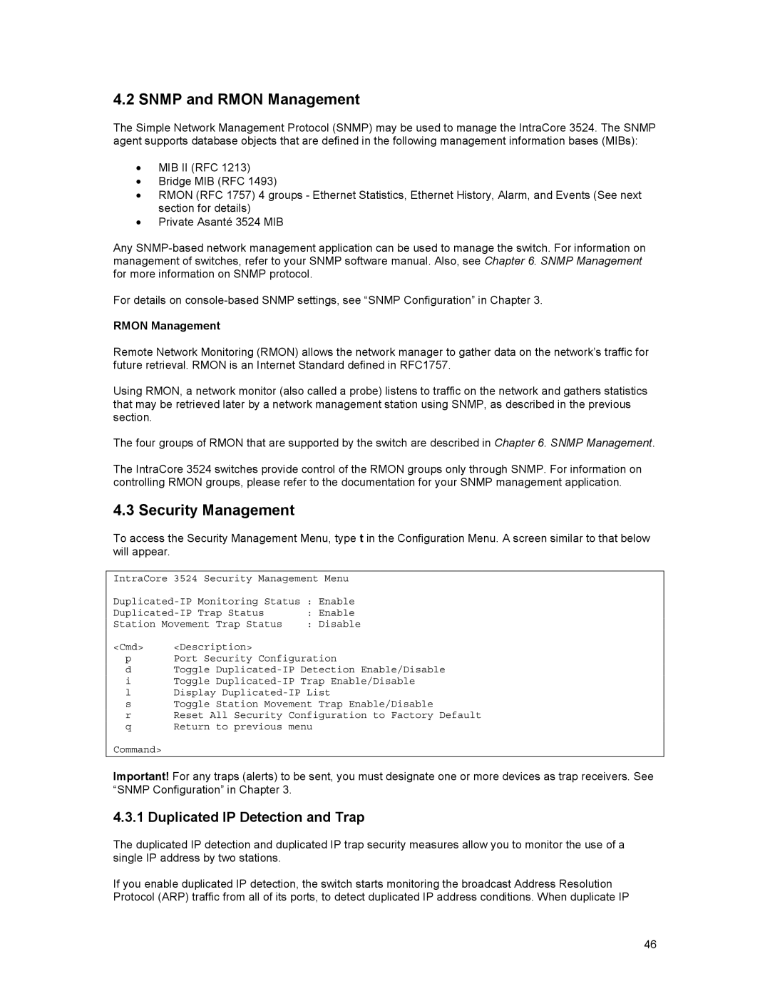 Asante Technologies 3500 Series user manual Snmp and Rmon Management, Duplicated IP Detection and Trap 