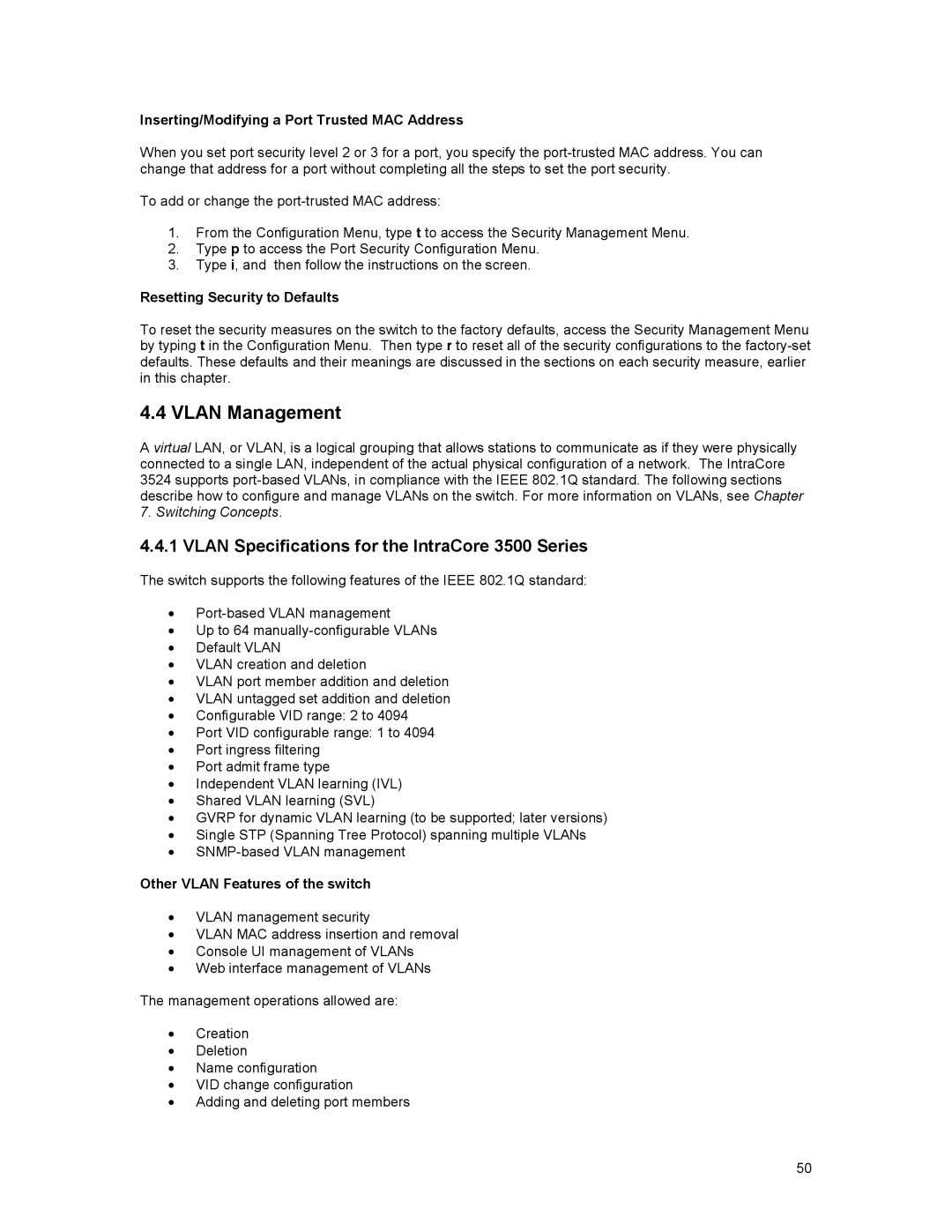 Asante Technologies Vlan Specifications for the IntraCore 3500 Series, Inserting/Modifying a Port Trusted MAC Address 