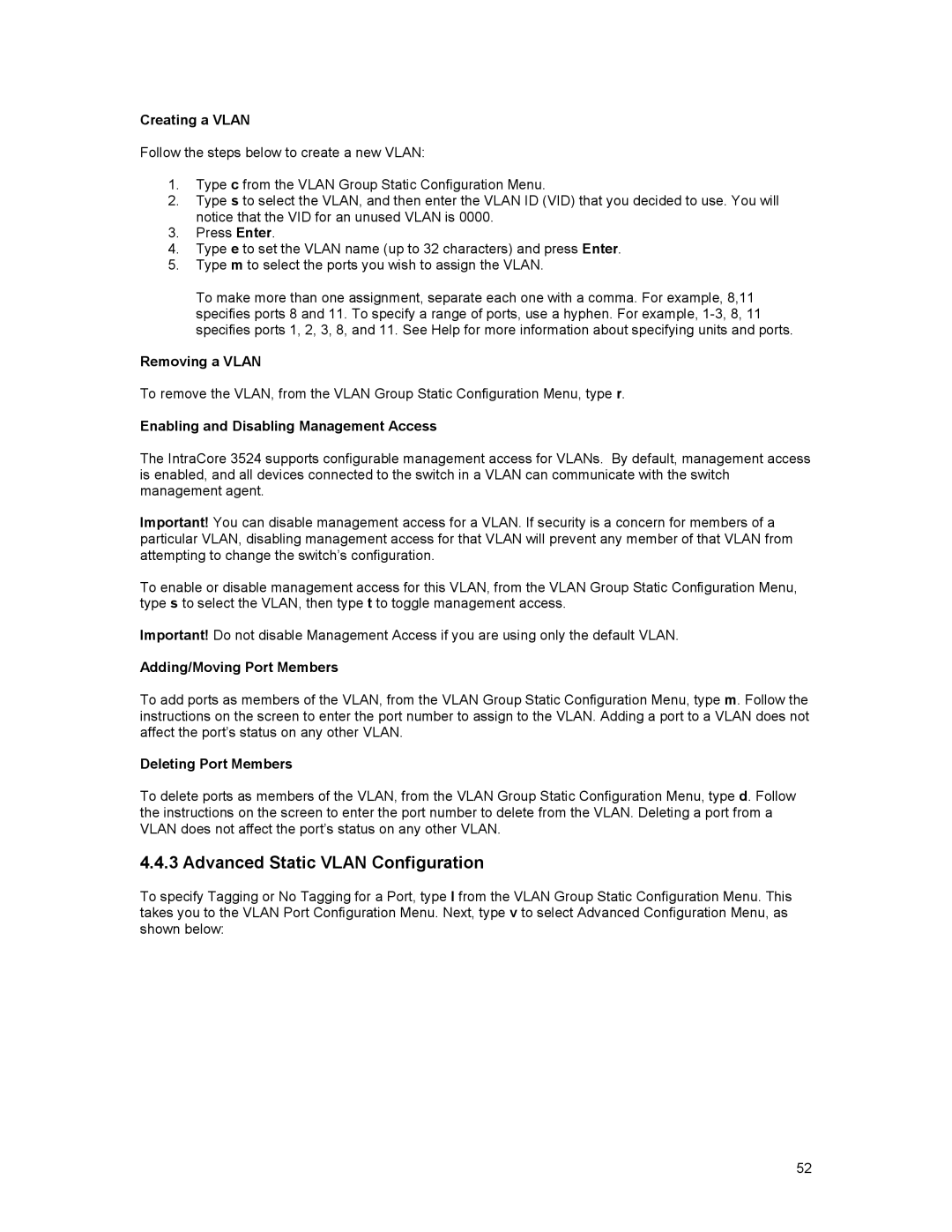 Asante Technologies 3500 Series user manual Advanced Static Vlan Configuration 