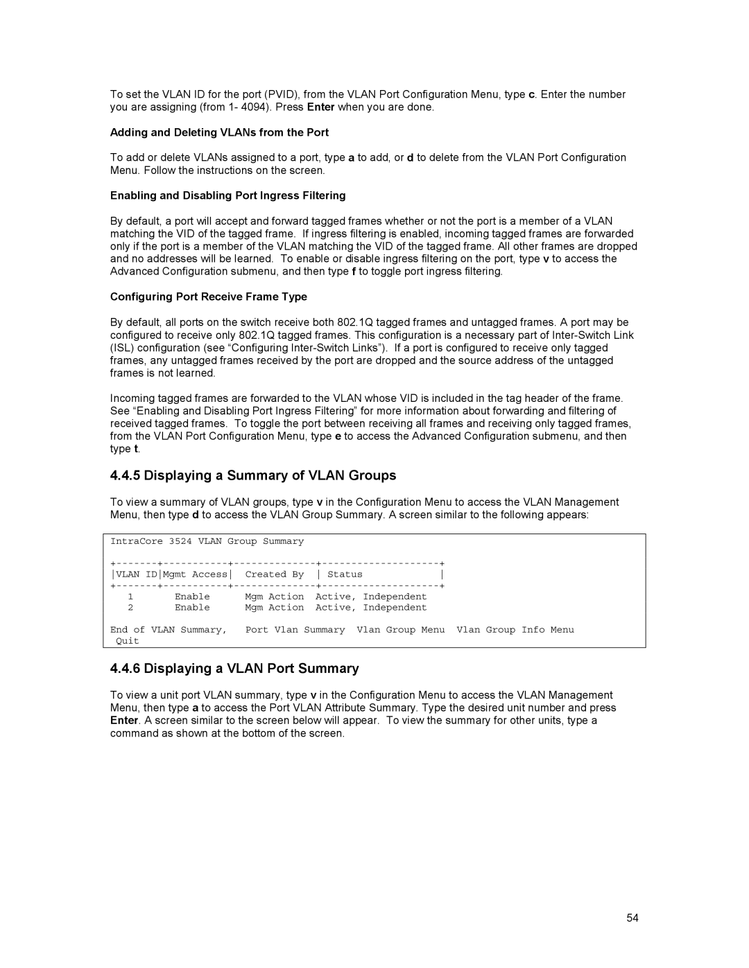 Asante Technologies 3500 Series user manual Displaying a Summary of Vlan Groups, Displaying a Vlan Port Summary 