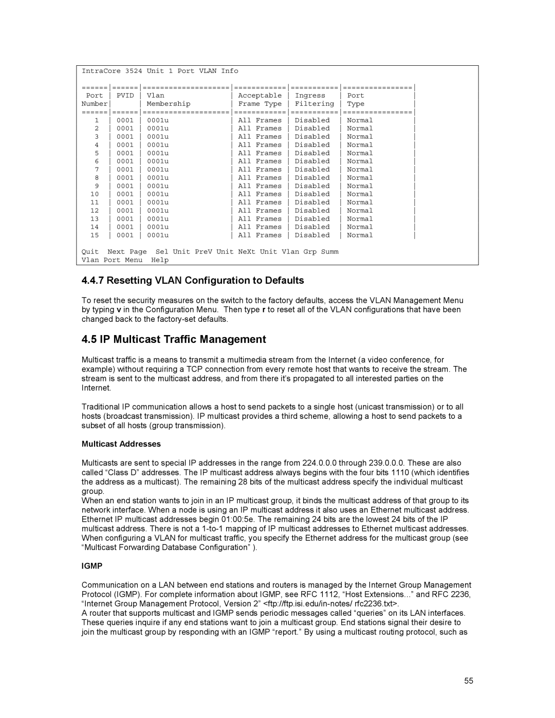 Asante Technologies 3500 Series user manual Resetting Vlan Configuration to Defaults, Multicast Addresses 