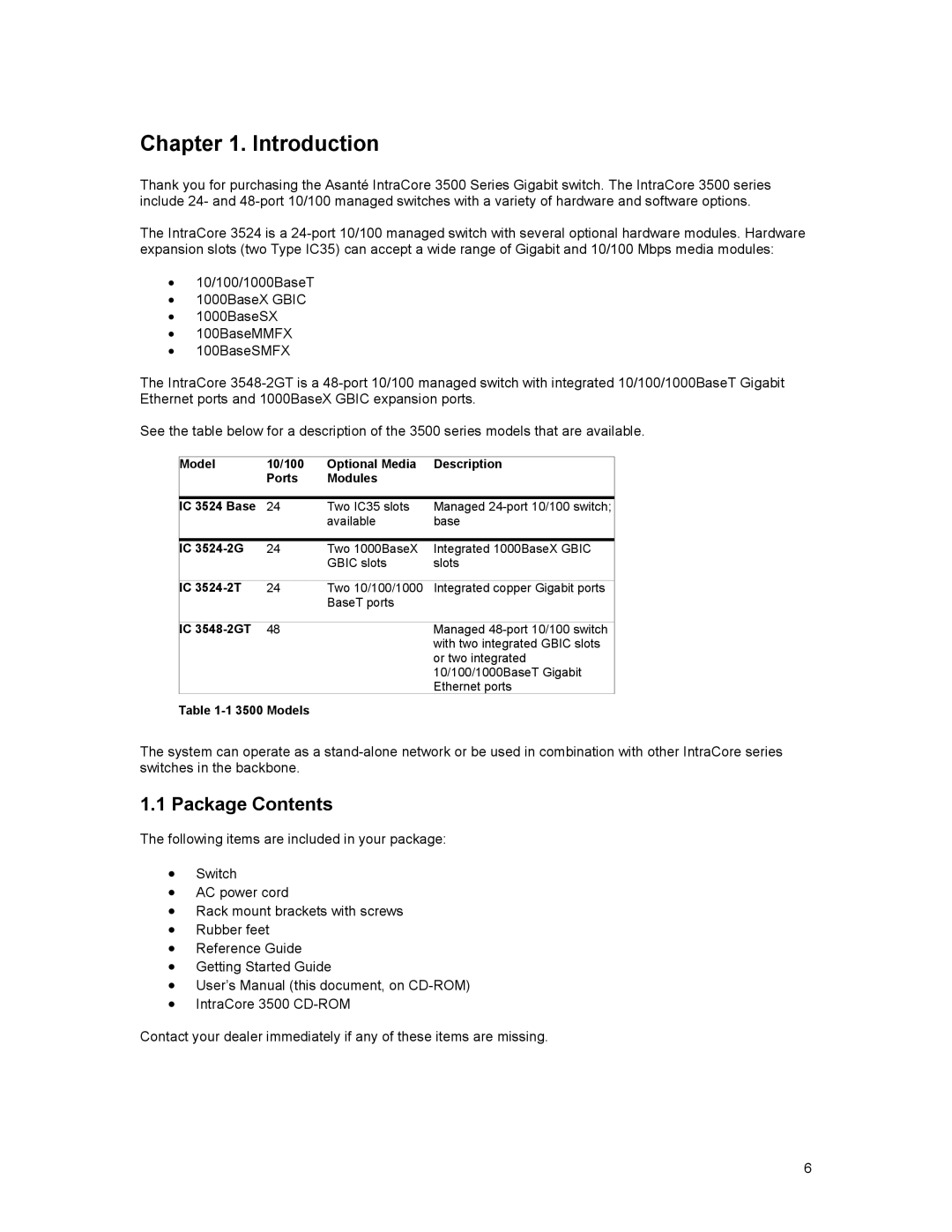 Asante Technologies 3500 Series user manual Introduction, Package Contents 