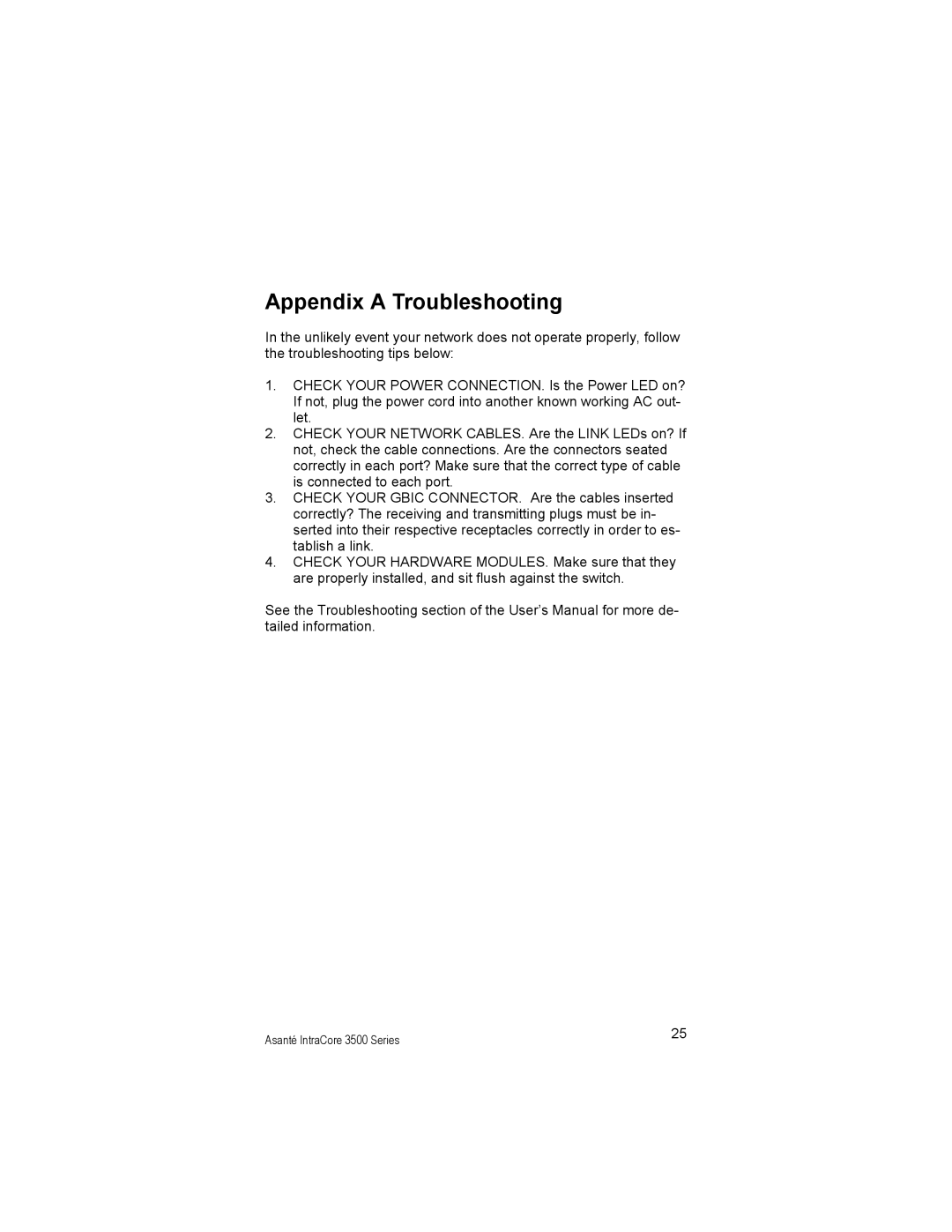Asante Technologies 3500 manual Appendix a Troubleshooting 