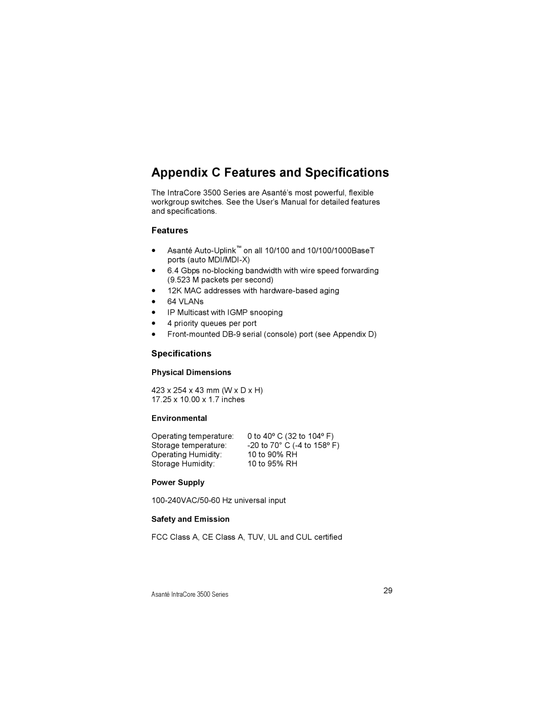 Asante Technologies 3500 manual Appendix C Features and Specifications 