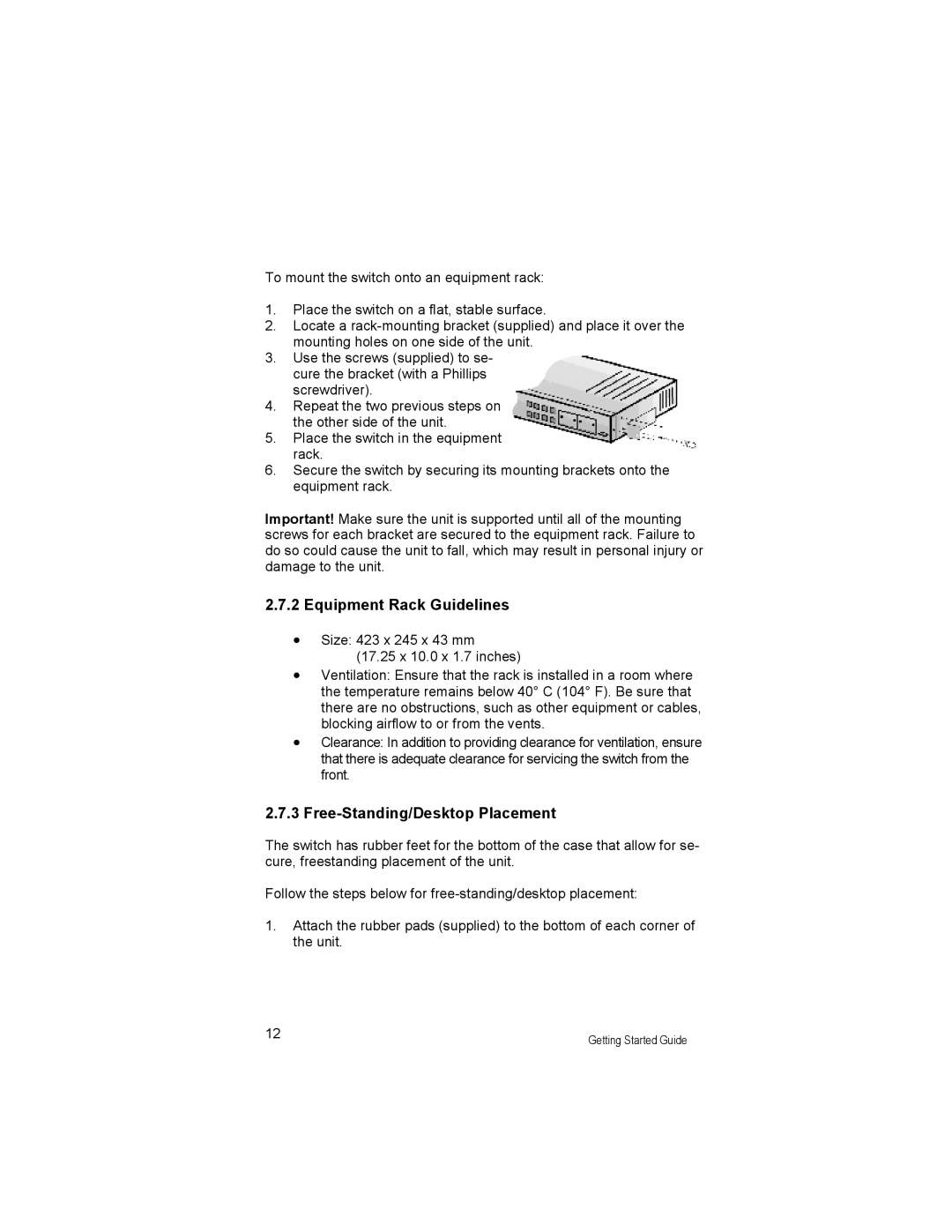 Asante Technologies 3524 Series manual Equipment Rack Guidelines, Free-Standing/Desktop Placement 