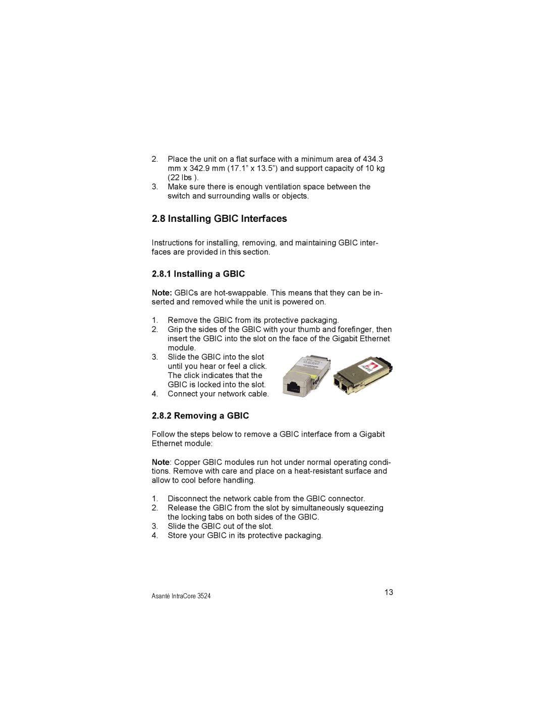 Asante Technologies 3524 Series manual Installing Gbic Interfaces, Installing a Gbic, Removing a Gbic 