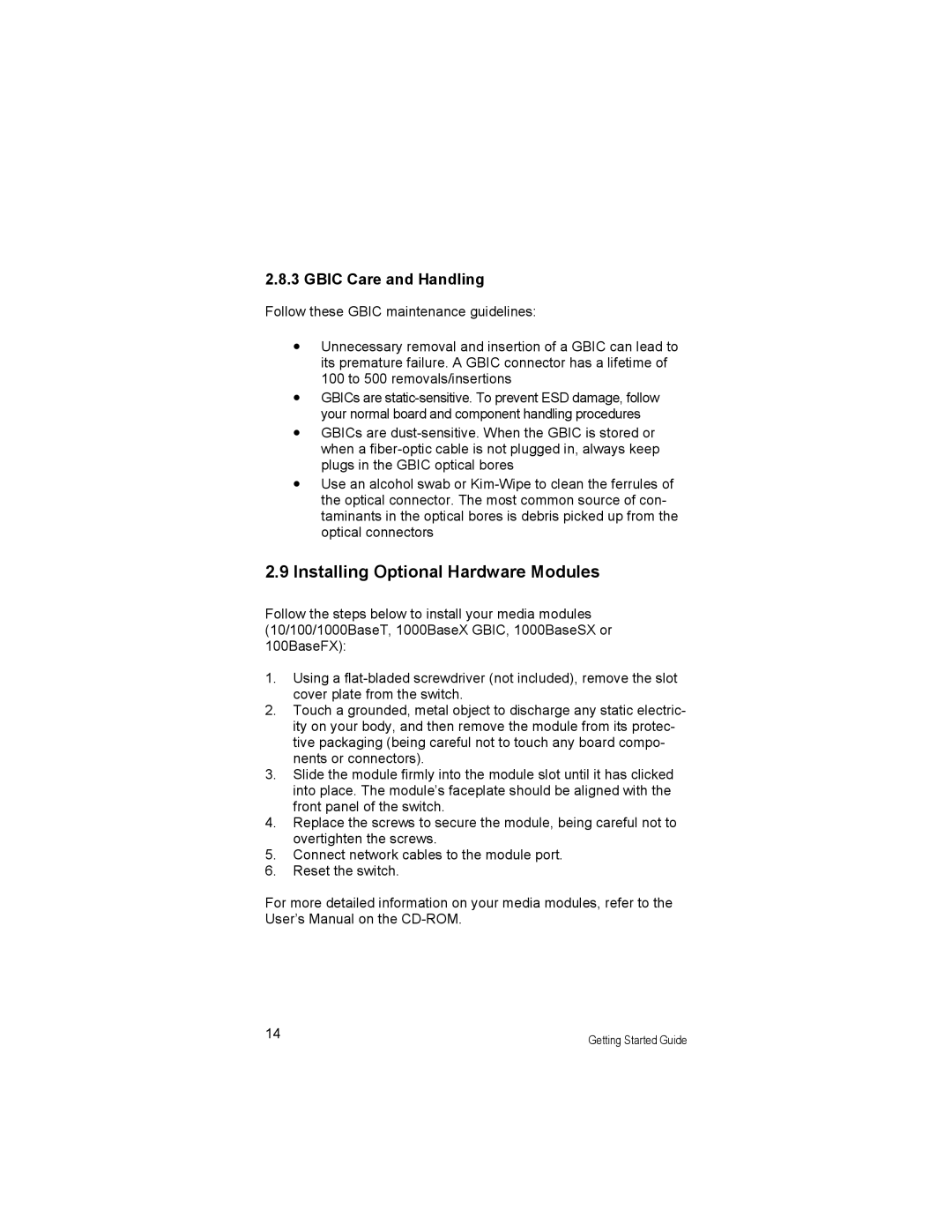 Asante Technologies 3524 Series manual Installing Optional Hardware Modules, Gbic Care and Handling 