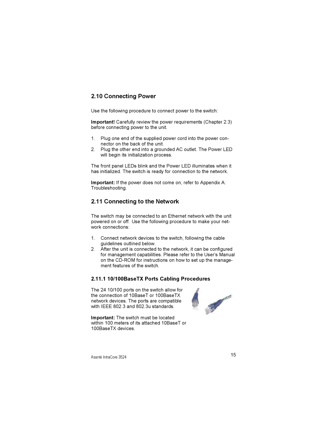 Asante Technologies 3524 Series Connecting Power, Connecting to the Network, 11.1 10/100BaseTX Ports Cabling Procedures 