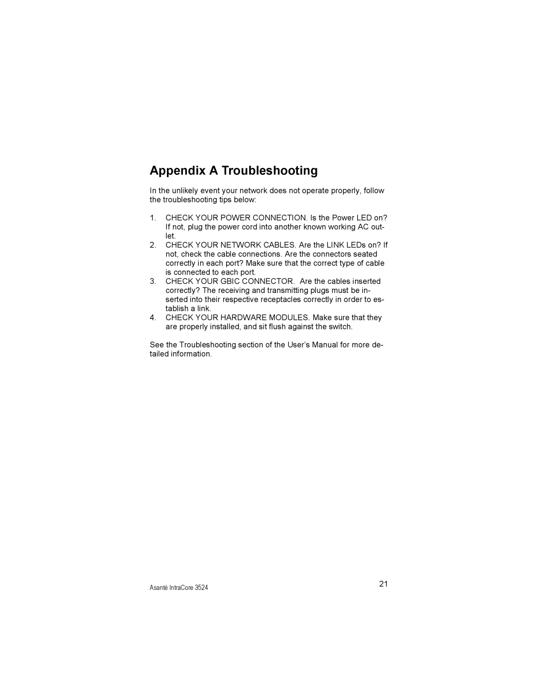 Asante Technologies 3524 Series manual Appendix a Troubleshooting 