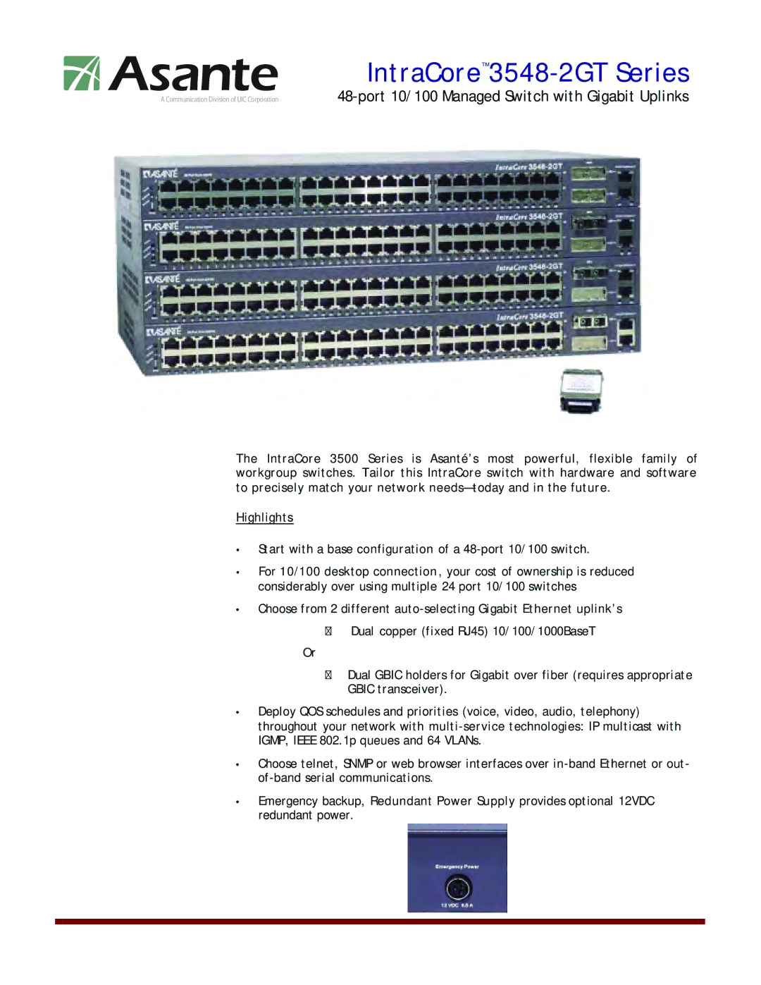 Asante Technologies manual IntraCore 3548-2GT Series 