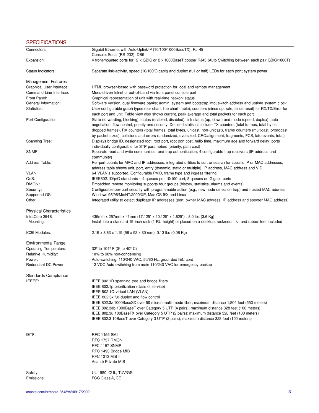 Asante Technologies 3548-2GT Series Specifications, Management Features, Physical Characteristics, Environmental Range 