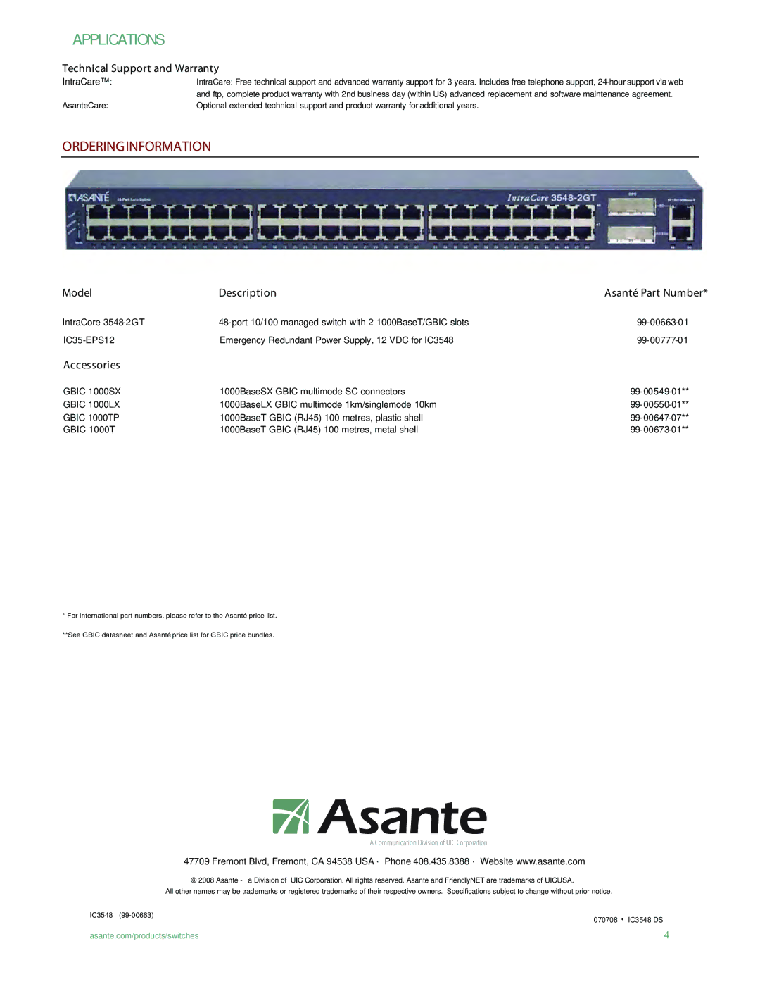 Asante Technologies 3548-2GT Series manual Orderinginformation, Technical Support and Warranty, Accessories 