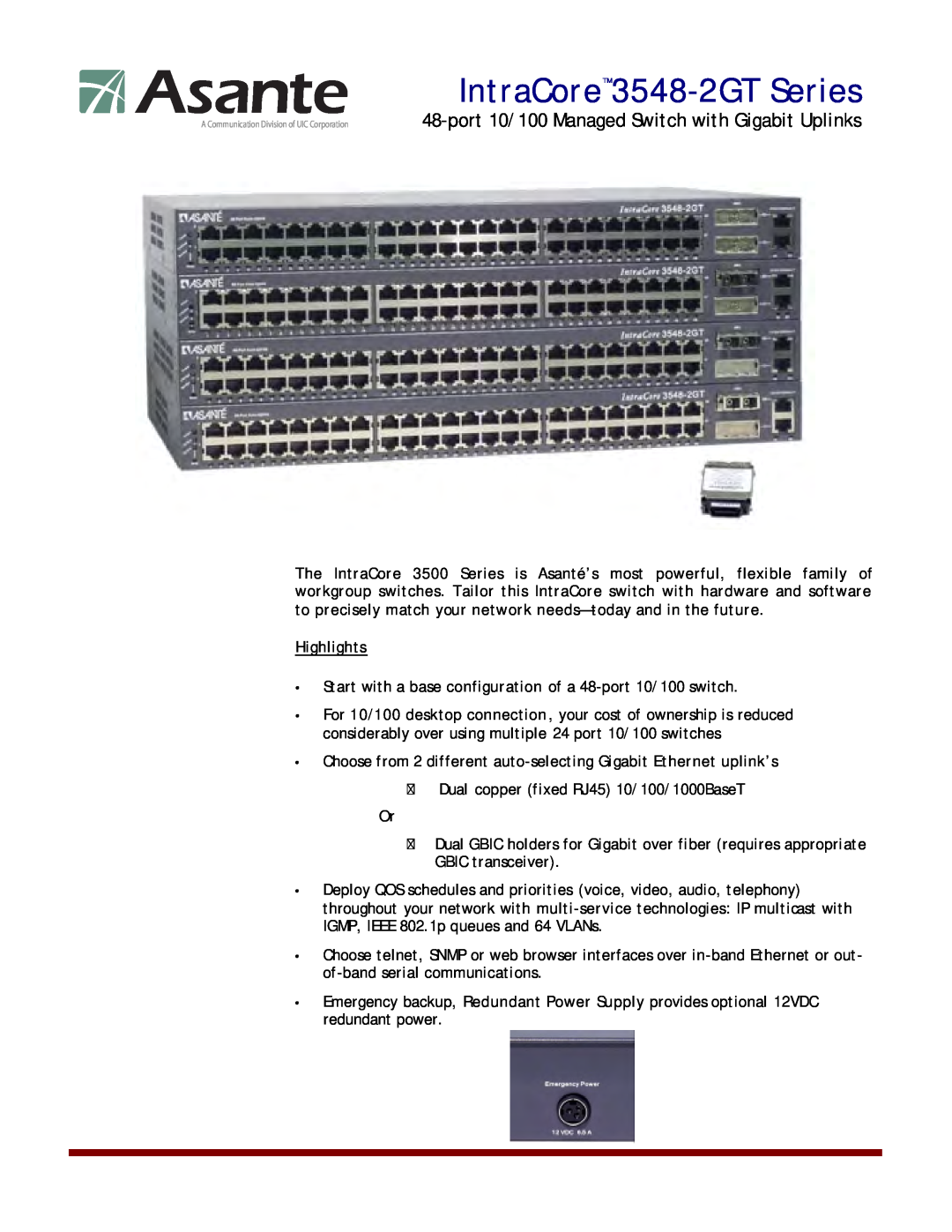 Asante Technologies manual IntraCore 3548-2GT Series, port 10/100 Managed Switch with Gigabit Uplinks, Highlights 
