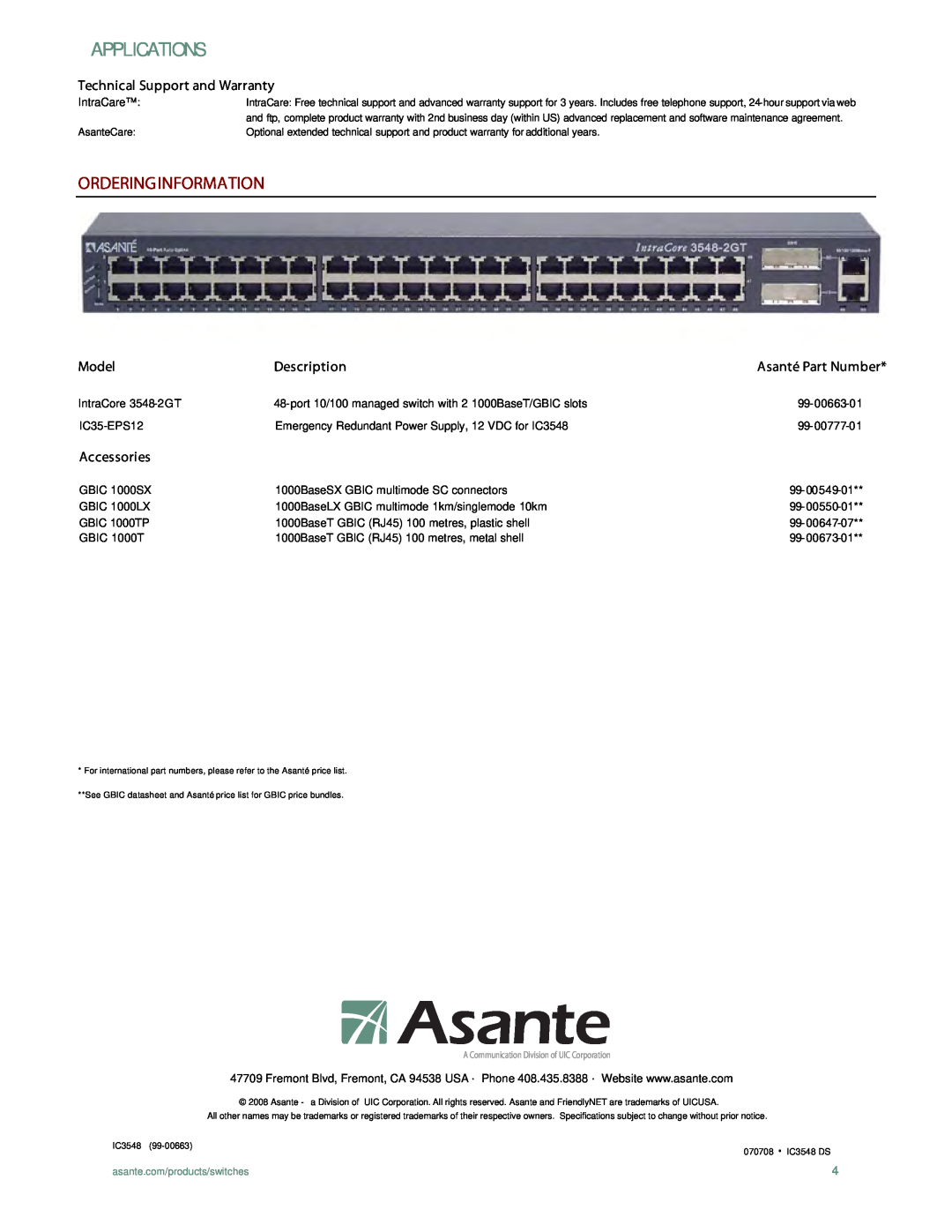 Asante Technologies 3548-2GT Series Orderinginformation, Applications, Technical Support and Warranty, Model, Description 