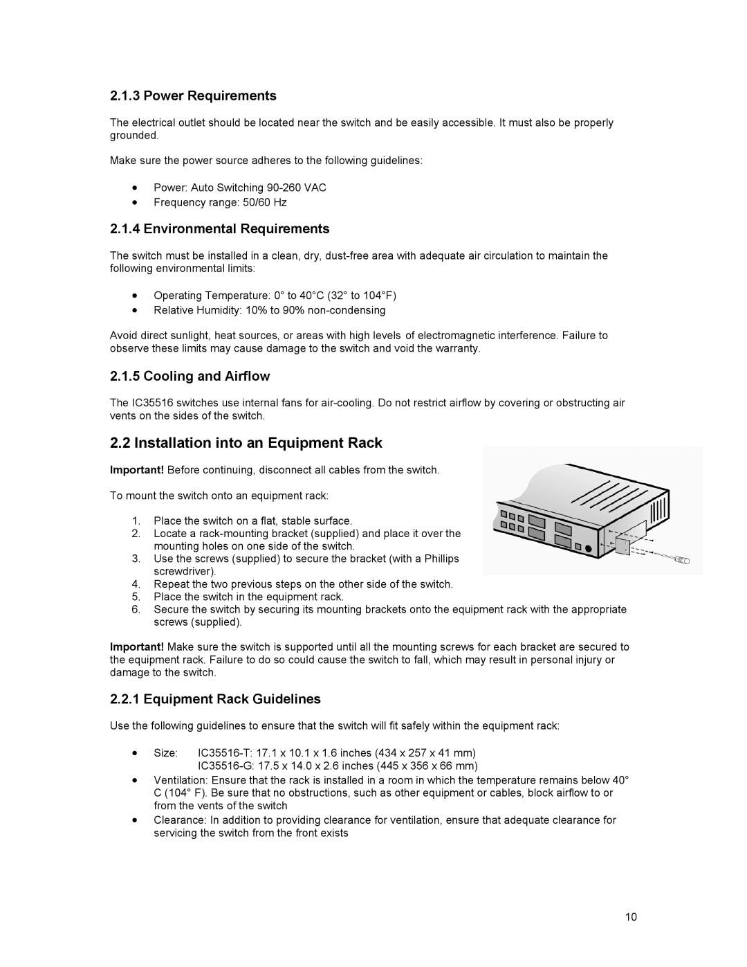 Asante Technologies 35516 user manual Installation into an Equipment Rack, Power Requirements, Environmental Requirements 