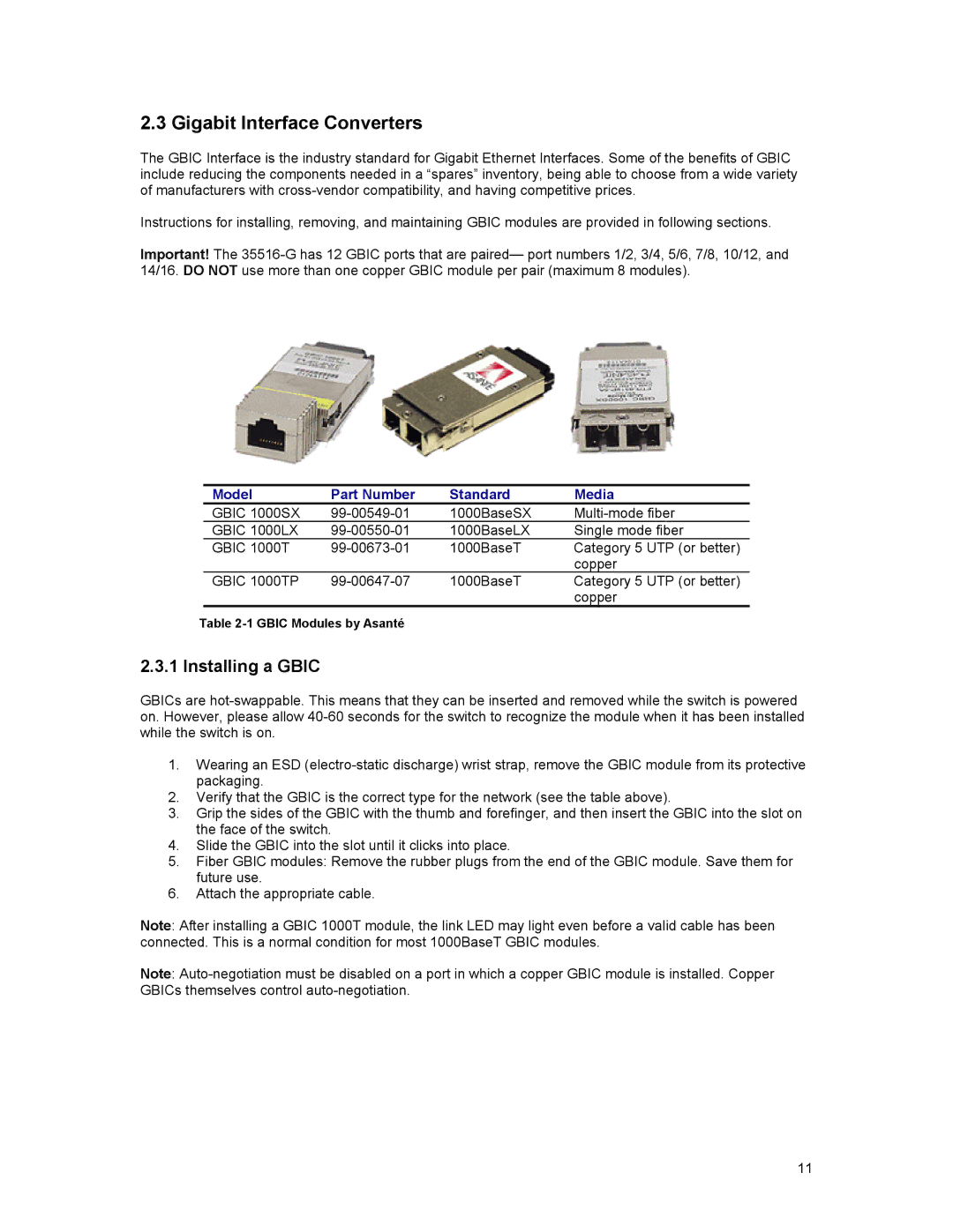 Asante Technologies 35516 user manual Gigabit Interface Converters, Installing a Gbic 