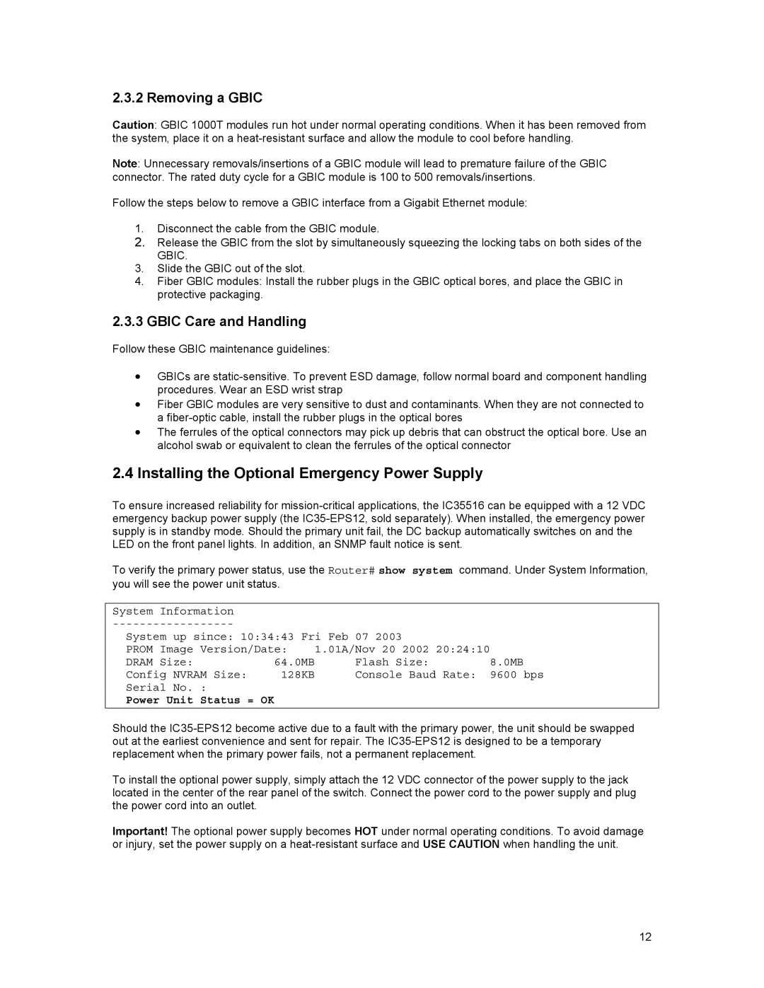 Asante Technologies 35516 Installing the Optional Emergency Power Supply, Removing a Gbic, Gbic Care and Handling 