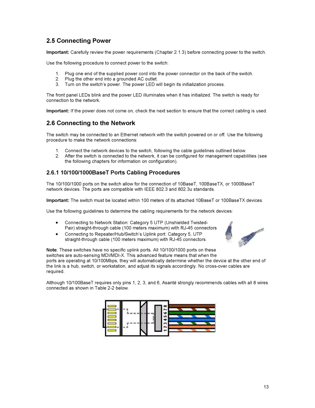 Asante Technologies 35516 Connecting Power, Connecting to the Network, 1 10/100/1000BaseT Ports Cabling Procedures 