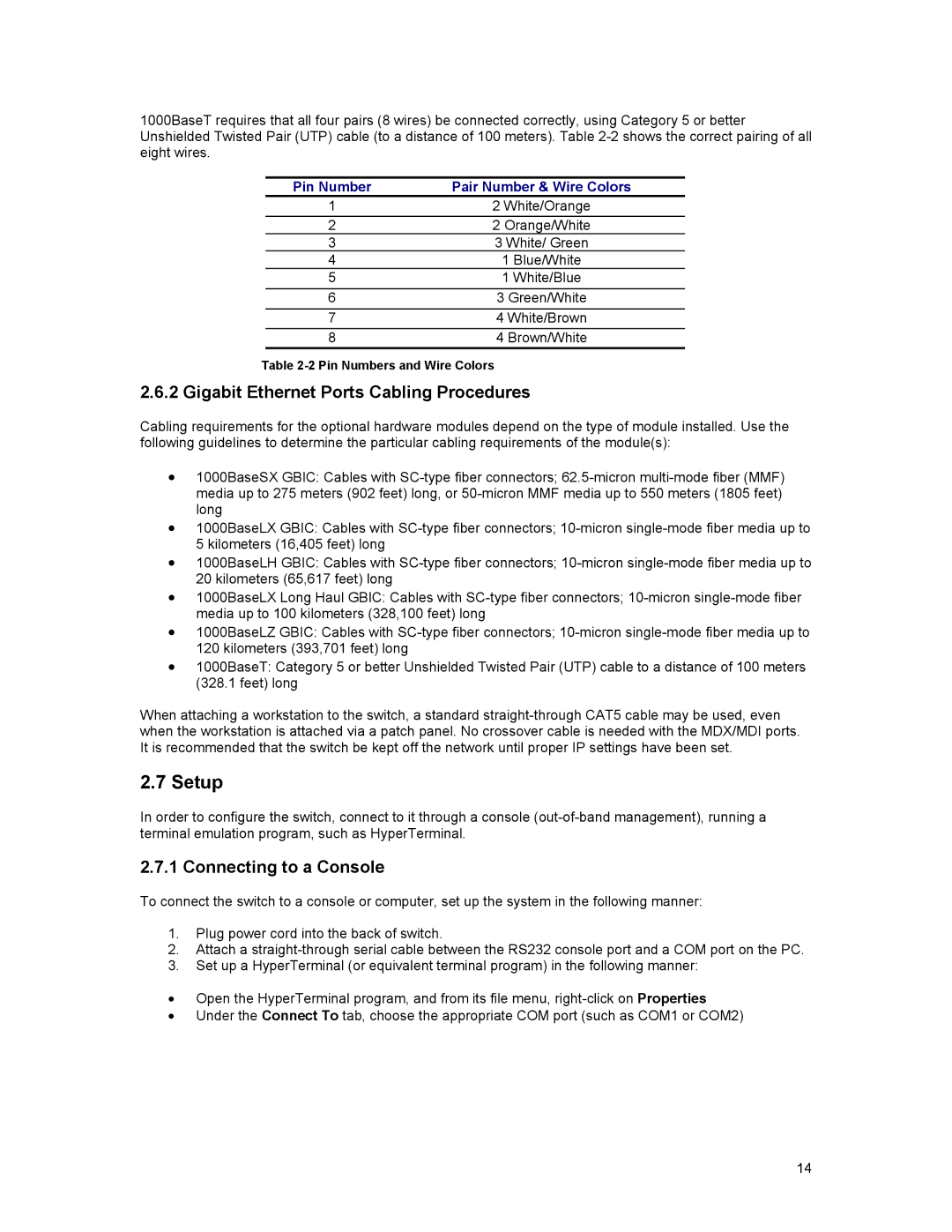 Asante Technologies 35516 user manual Setup, Gigabit Ethernet Ports Cabling Procedures, Connecting to a Console 