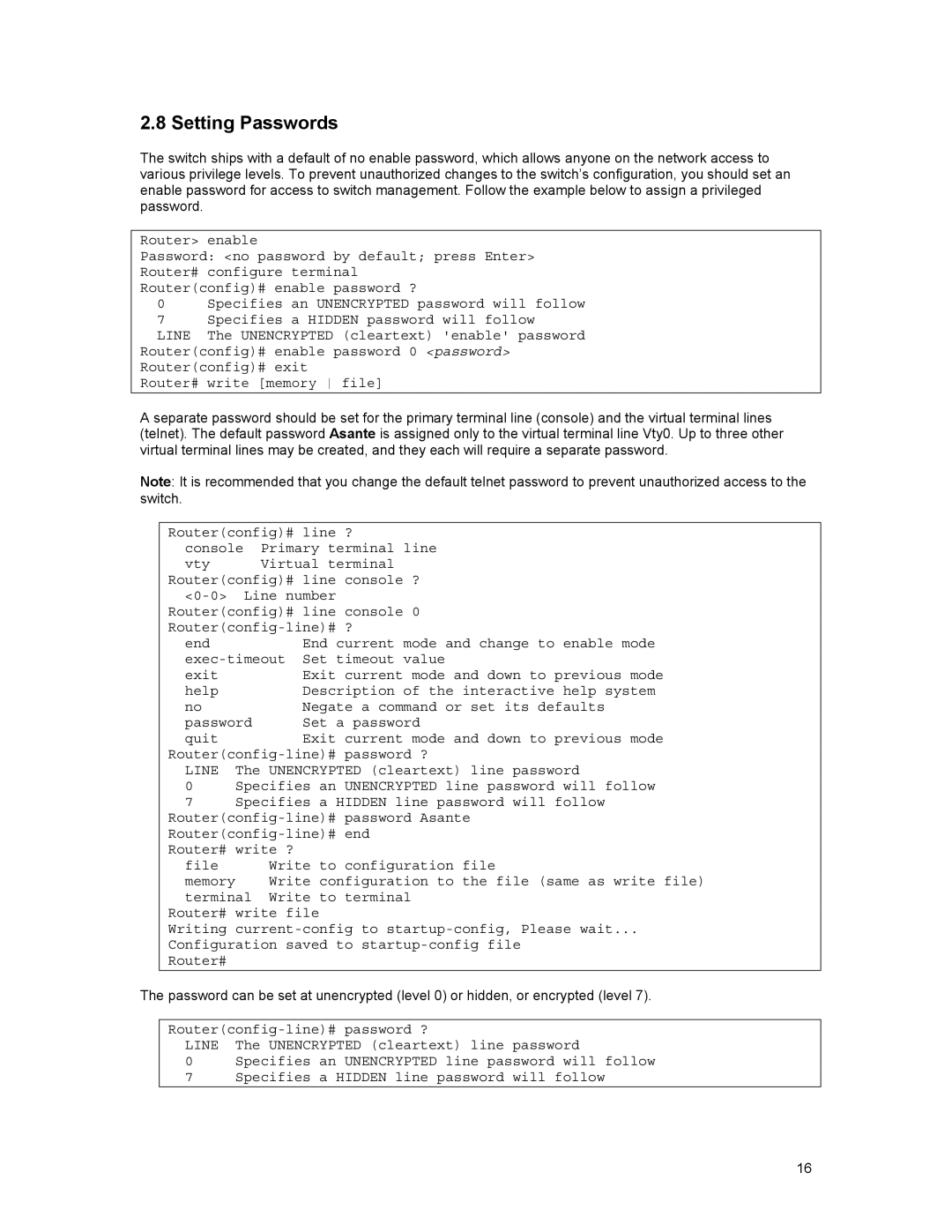 Asante Technologies 35516 user manual Setting Passwords, Unencrypted cleartext line password 