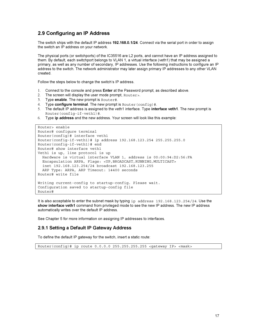 Asante Technologies 35516 Configuring an IP Address, Setting a Default IP Gateway Address, Routerconfig-if-veth1# 