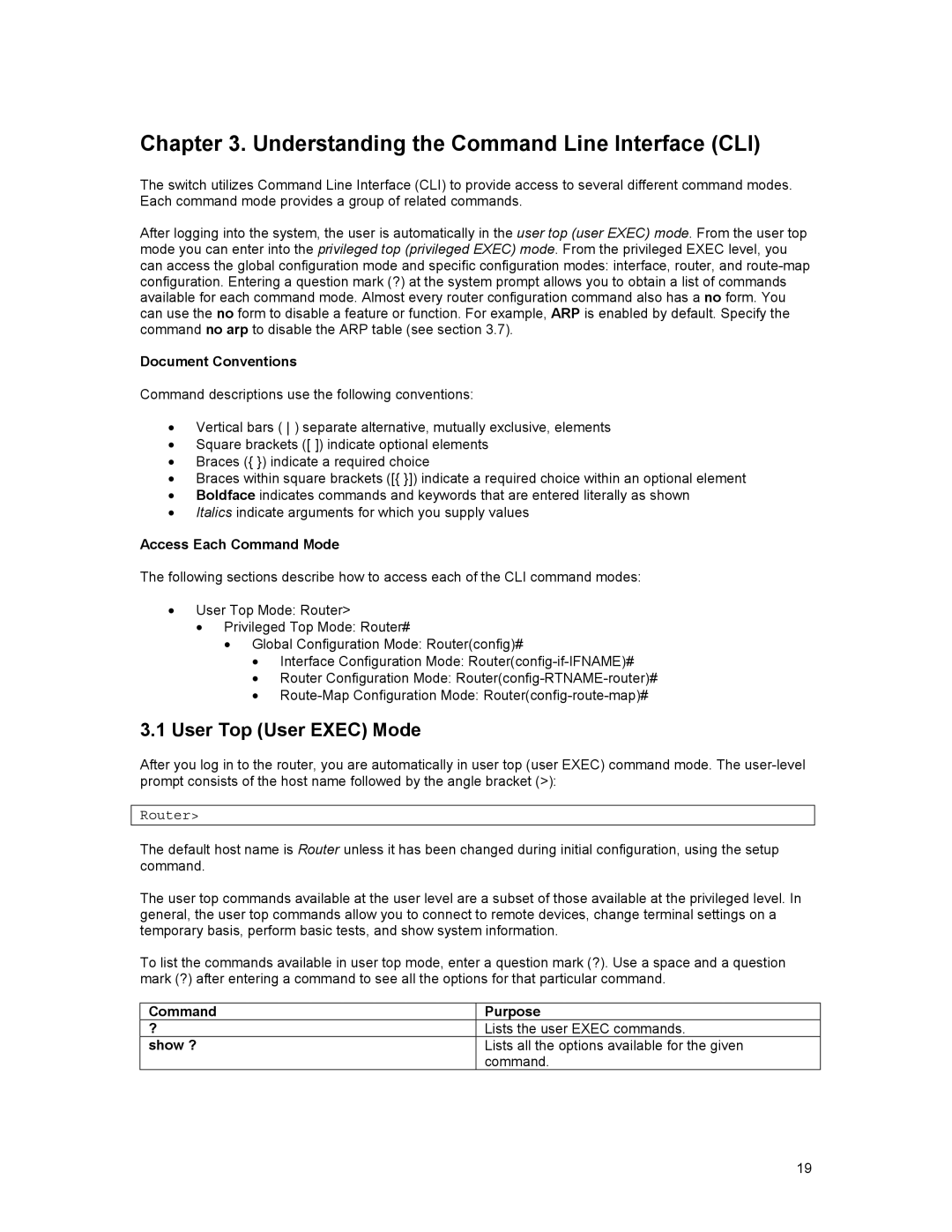 Asante Technologies 35516 Understanding the Command Line Interface CLI, User Top User Exec Mode, Document Conventions 