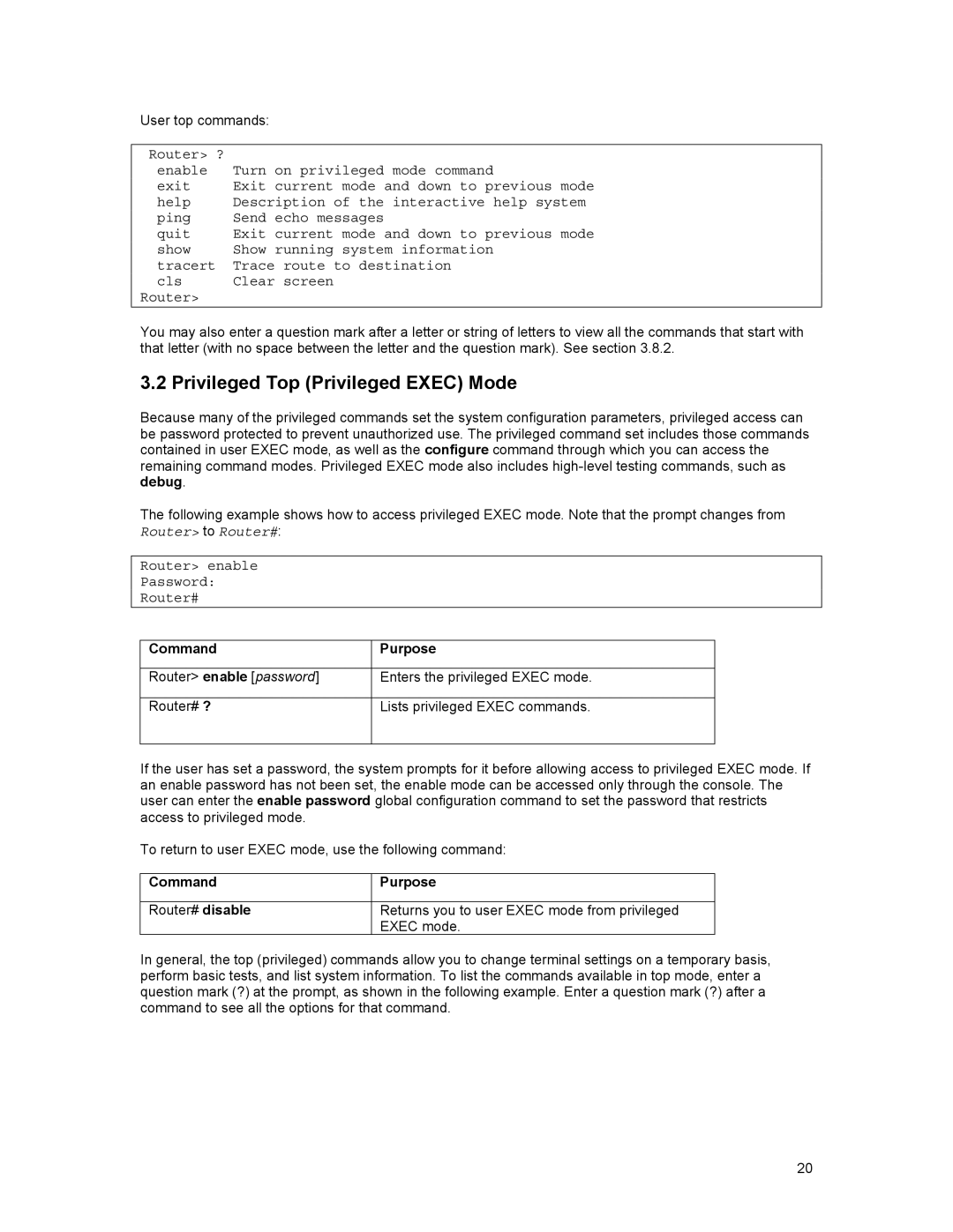 Asante Technologies 35516 user manual Privileged Top Privileged Exec Mode, Router enable Password Router#, Command Purpose 