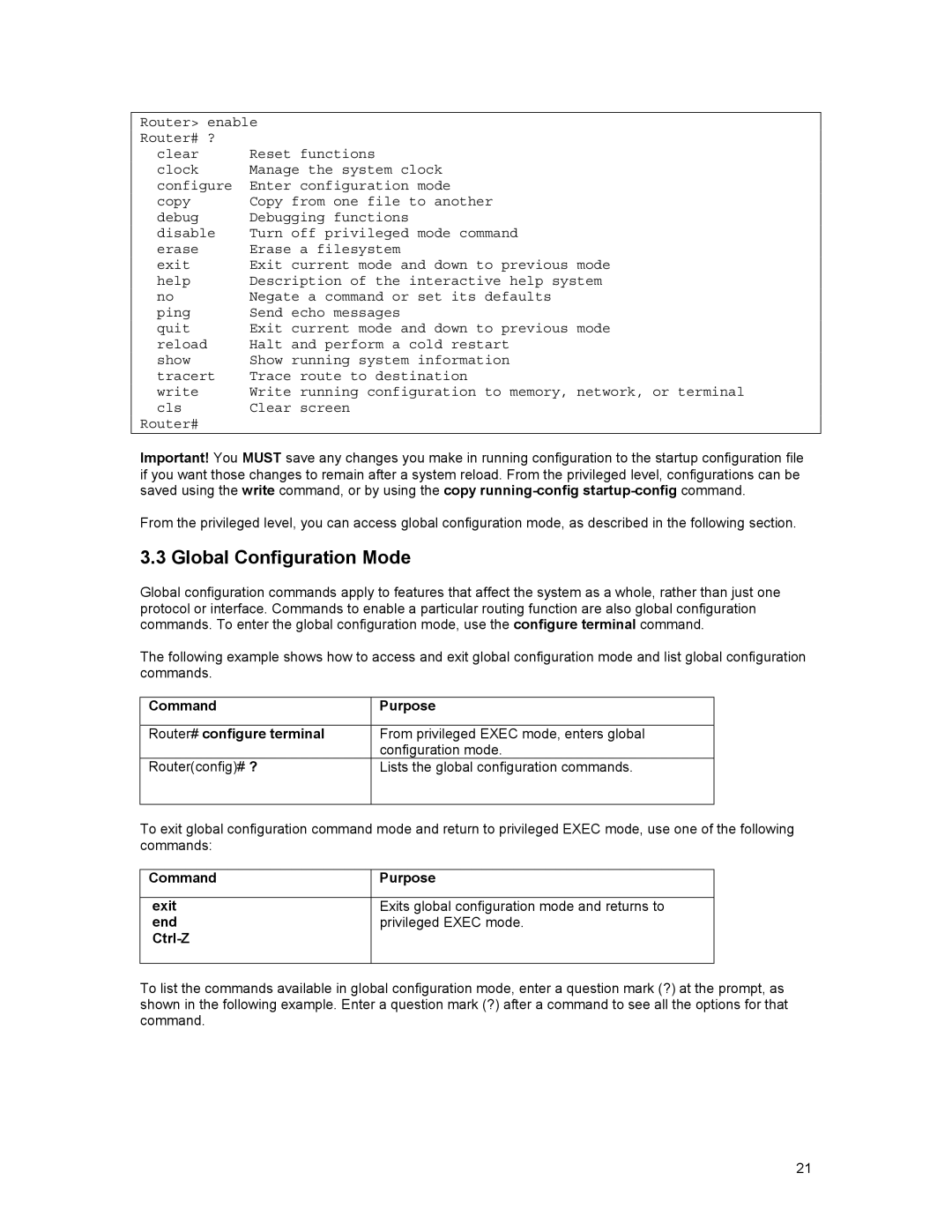 Asante Technologies 35516 user manual Global Configuration Mode, Command Purpose Router# configure terminal 