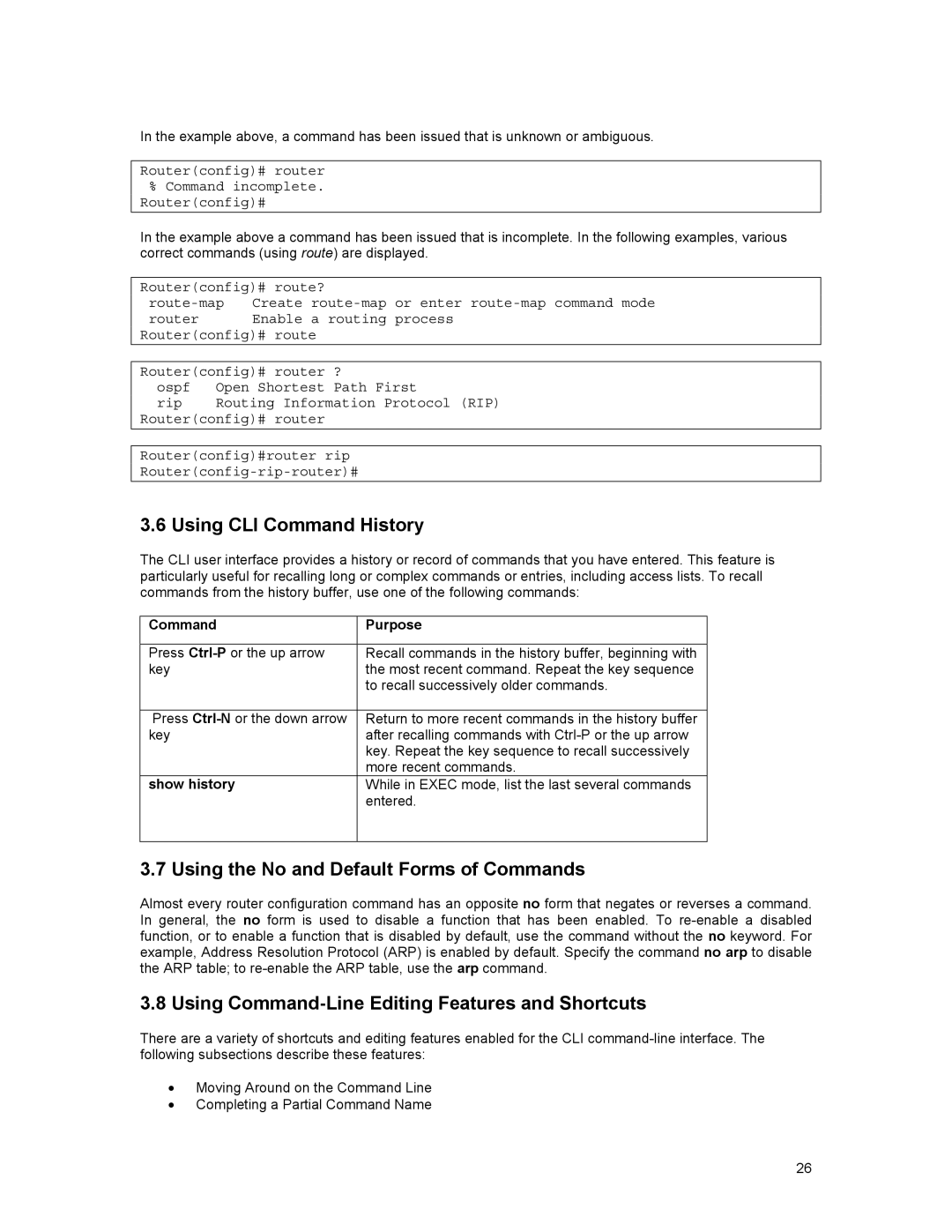 Asante Technologies 35516 user manual Using CLI Command History, Using the No and Default Forms of Commands, Show history 