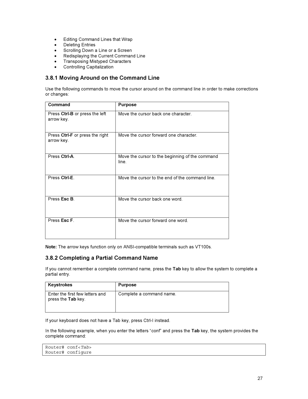 Asante Technologies 35516 Moving Around on the Command Line, Completing a Partial Command Name, Keystrokes Purpose 