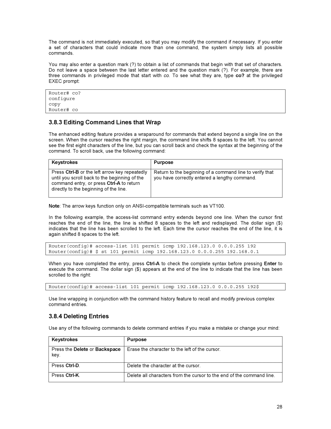 Asante Technologies 35516 Editing Command Lines that Wrap, Deleting Entries, Router# co? configure copy Router# co 